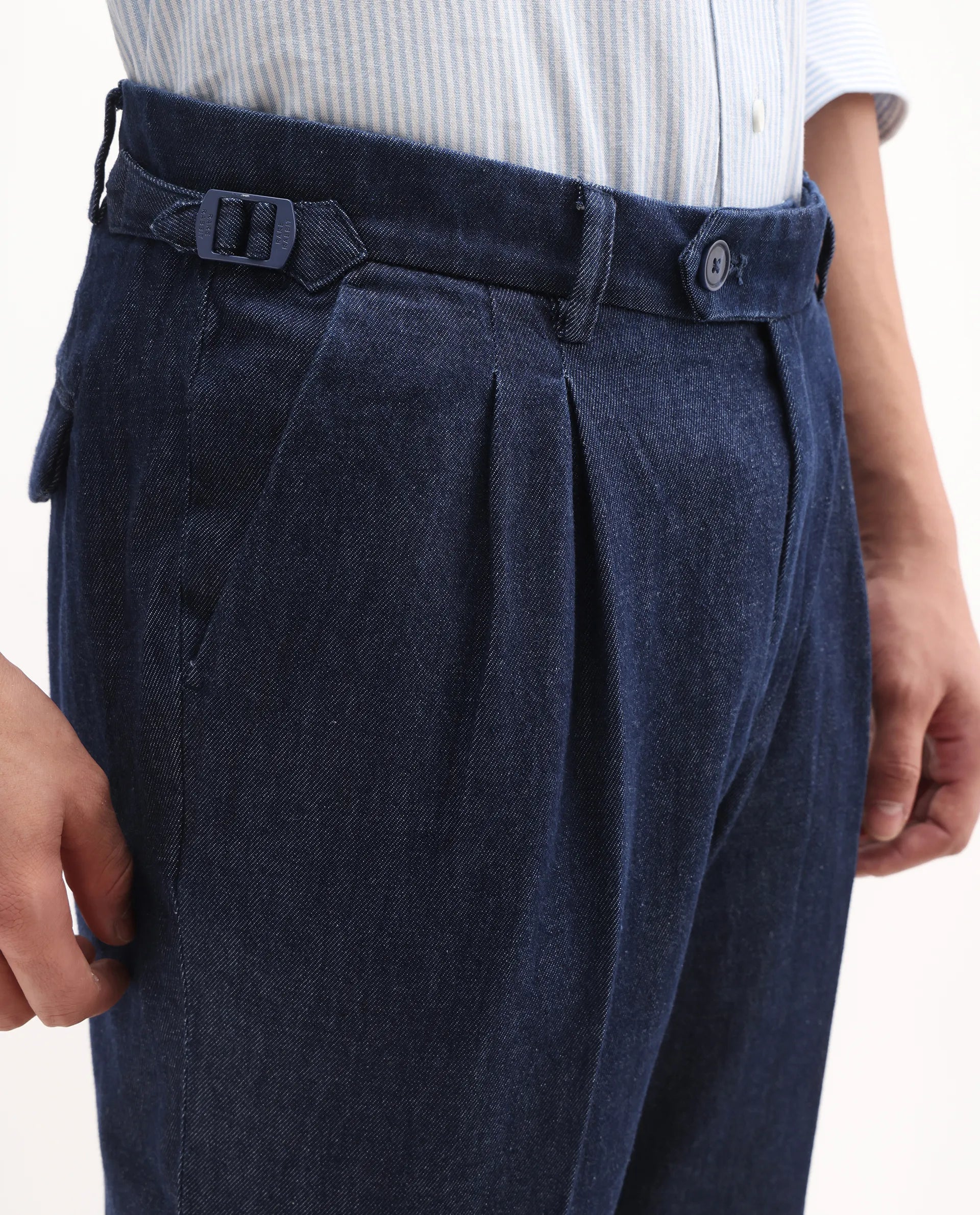 Rare Rabbit Men's Leni Blue Cotton Blend Plain Baggy Fit Trouser