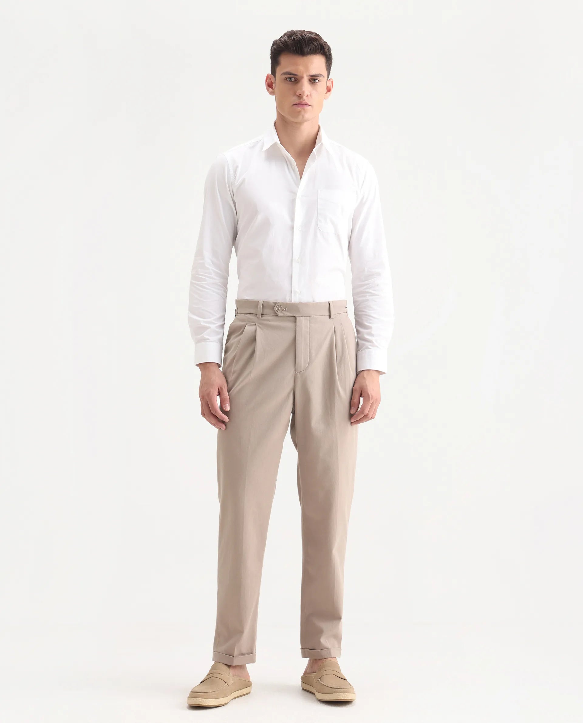 Rare Rabbit Men's Leni Dark Beige Cotton Blend Plain Regular Fit Trouser