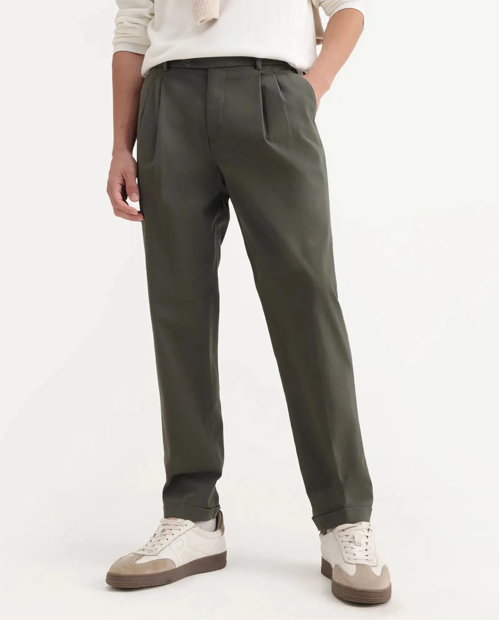 Rare Rabbit Men's Leni Olive Cotton Blend Plain Baggy Fit Gurkha Trouser