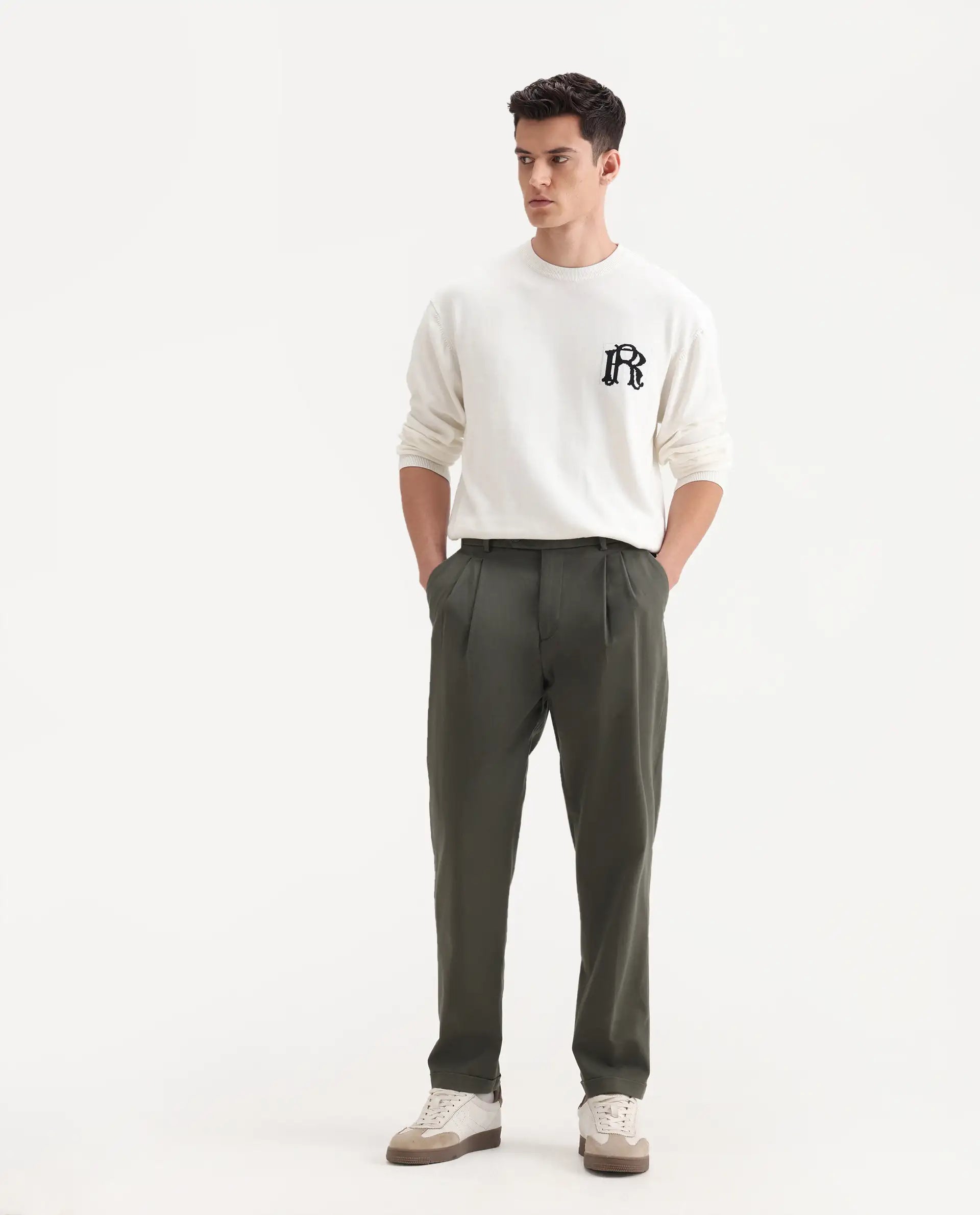 Rare Rabbit Men's Leni Olive Cotton Blend Plain Baggy Fit Trouser