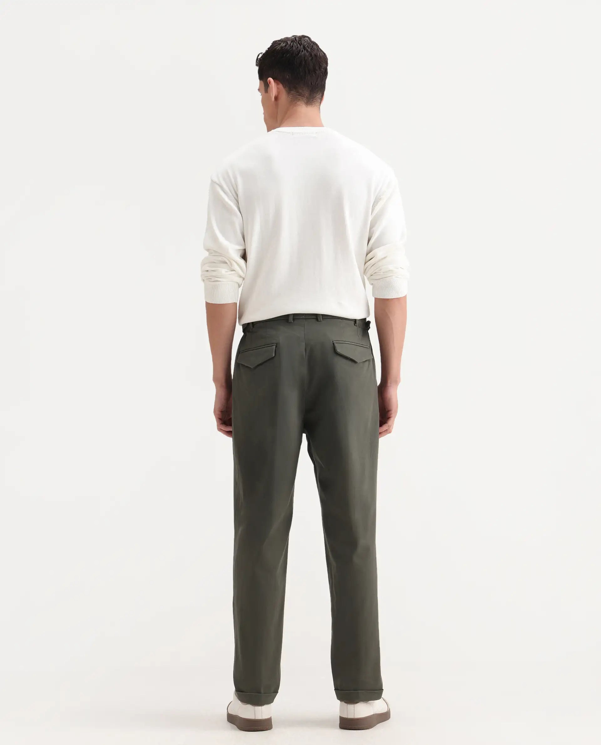 Rare Rabbit Men's Leni Olive Cotton Blend Plain Baggy Fit Trouser