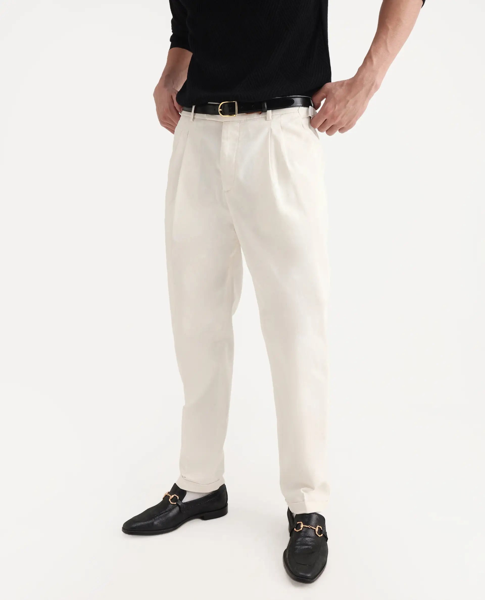 Rare Rabbit Men's Leni White Cotton Blend Plain Baggy Fit Trouser