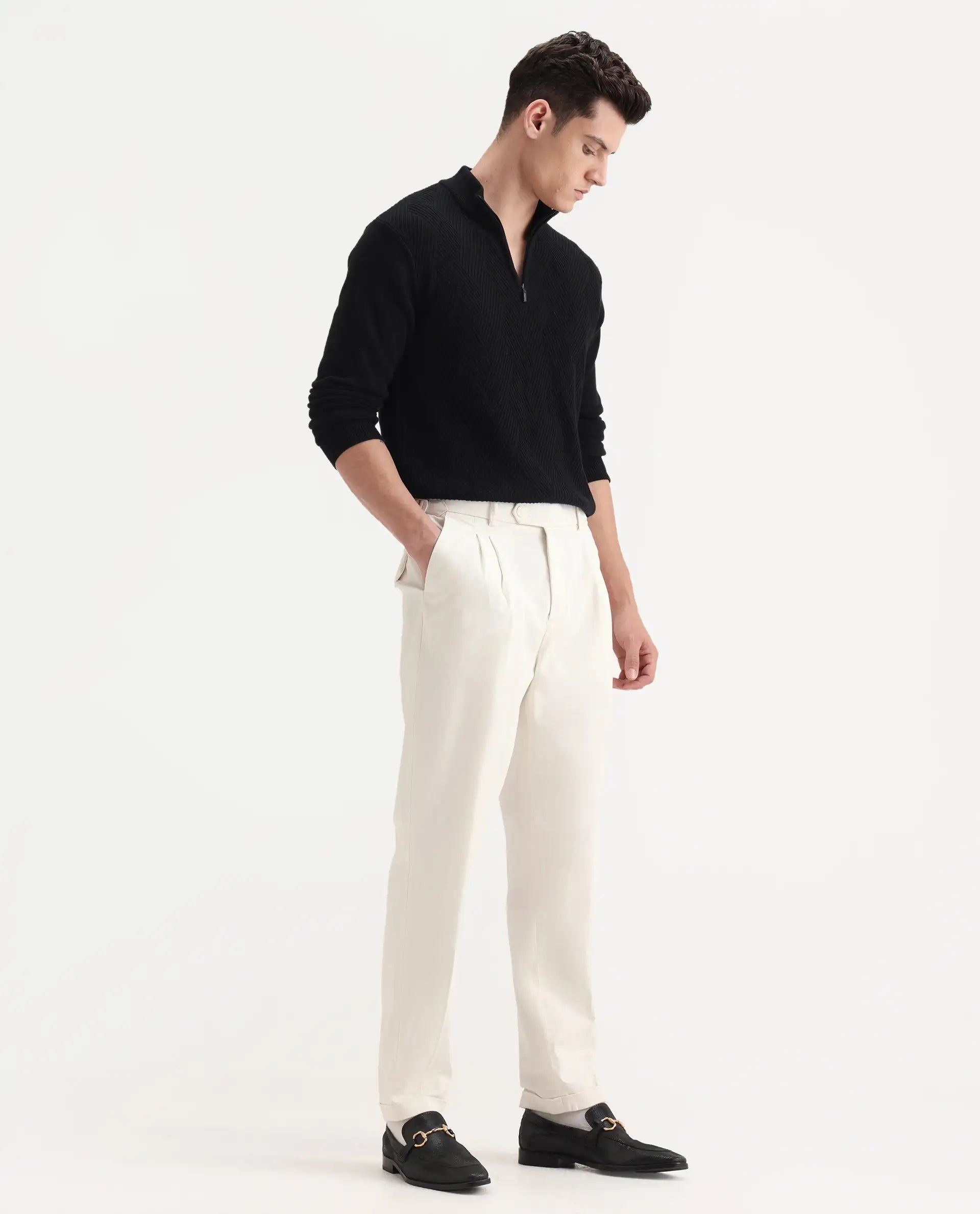 Rare Rabbit Men's Leni White Cotton Blend Plain Baggy Fit Trouser