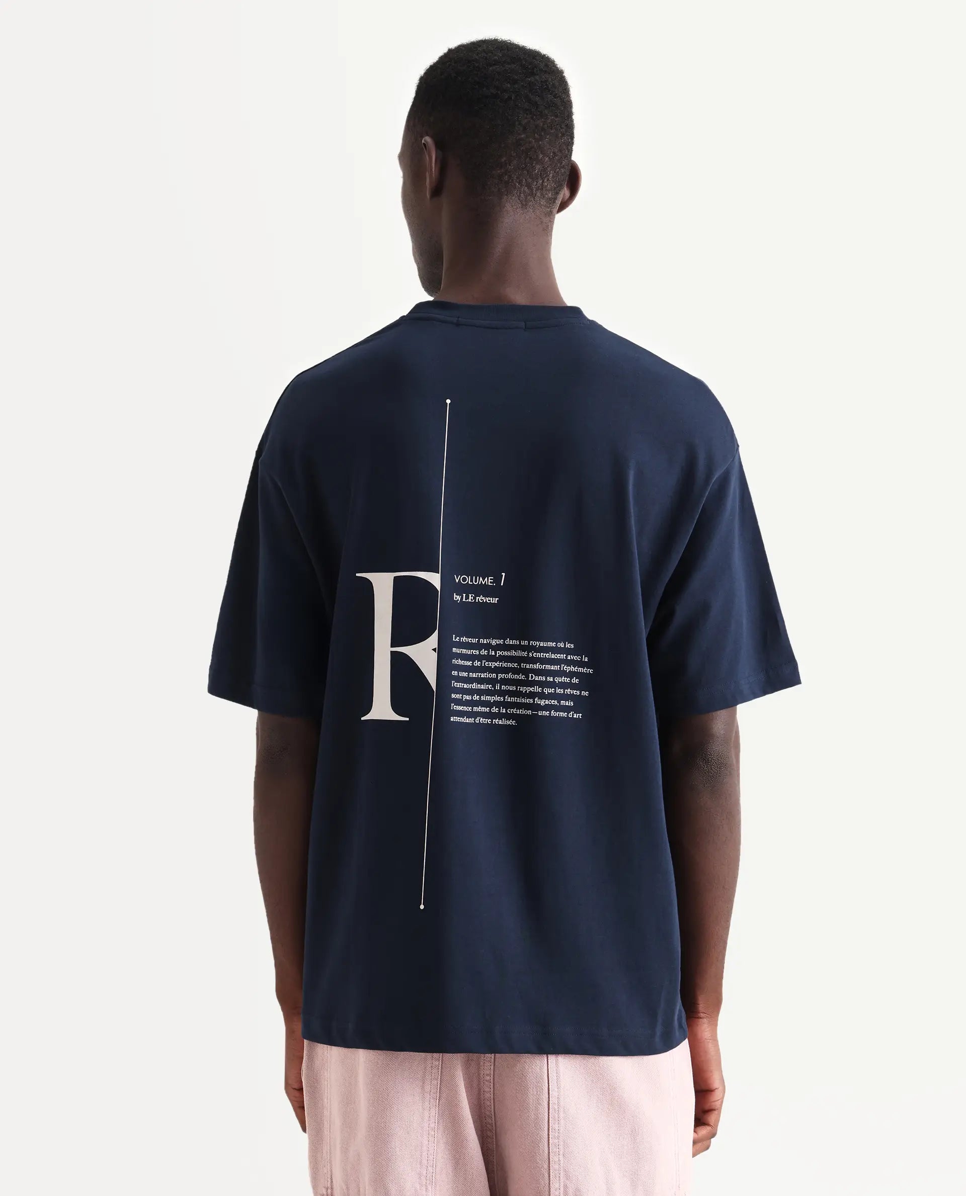 Rare Rabbit Men's Len Navy Cotton Typography Print Oversized Fit Half Sleeve Crew Neck T-Shirt