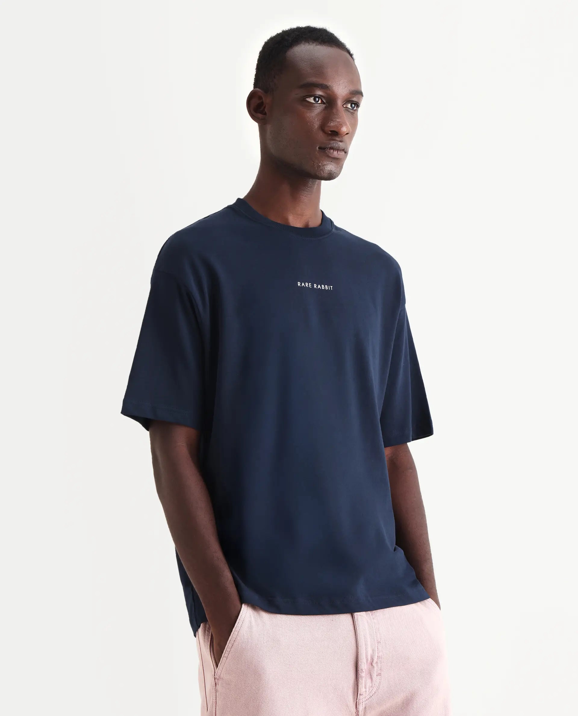 Rare Rabbit Men's Len Navy Cotton Typography Print Oversized Fit Half Sleeve Crew Neck T-Shirt