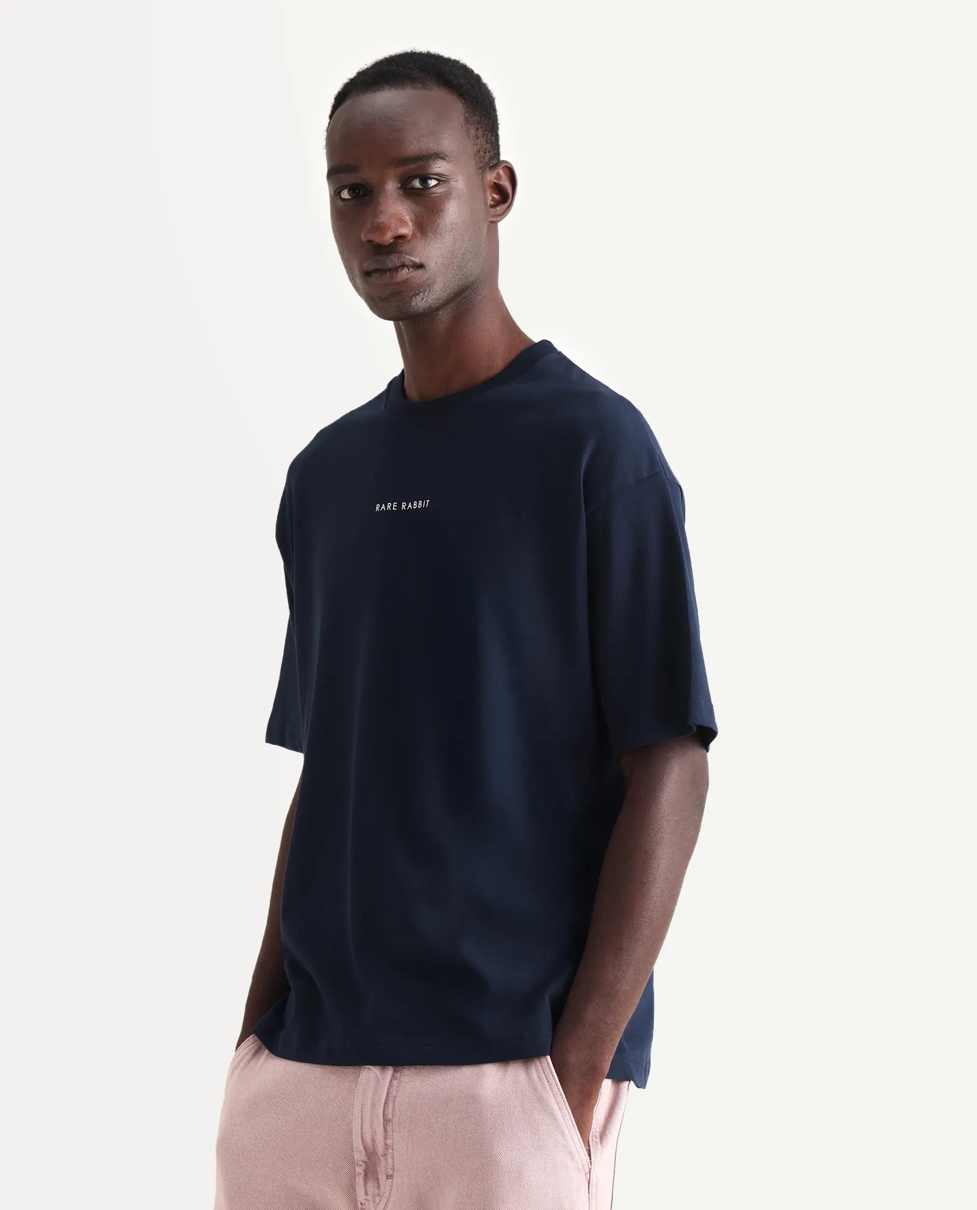 Rare Rabbit Men's Len Navy Cotton Typography Print Oversized Fit Half Sleeve Crew Neck T-Shirt
