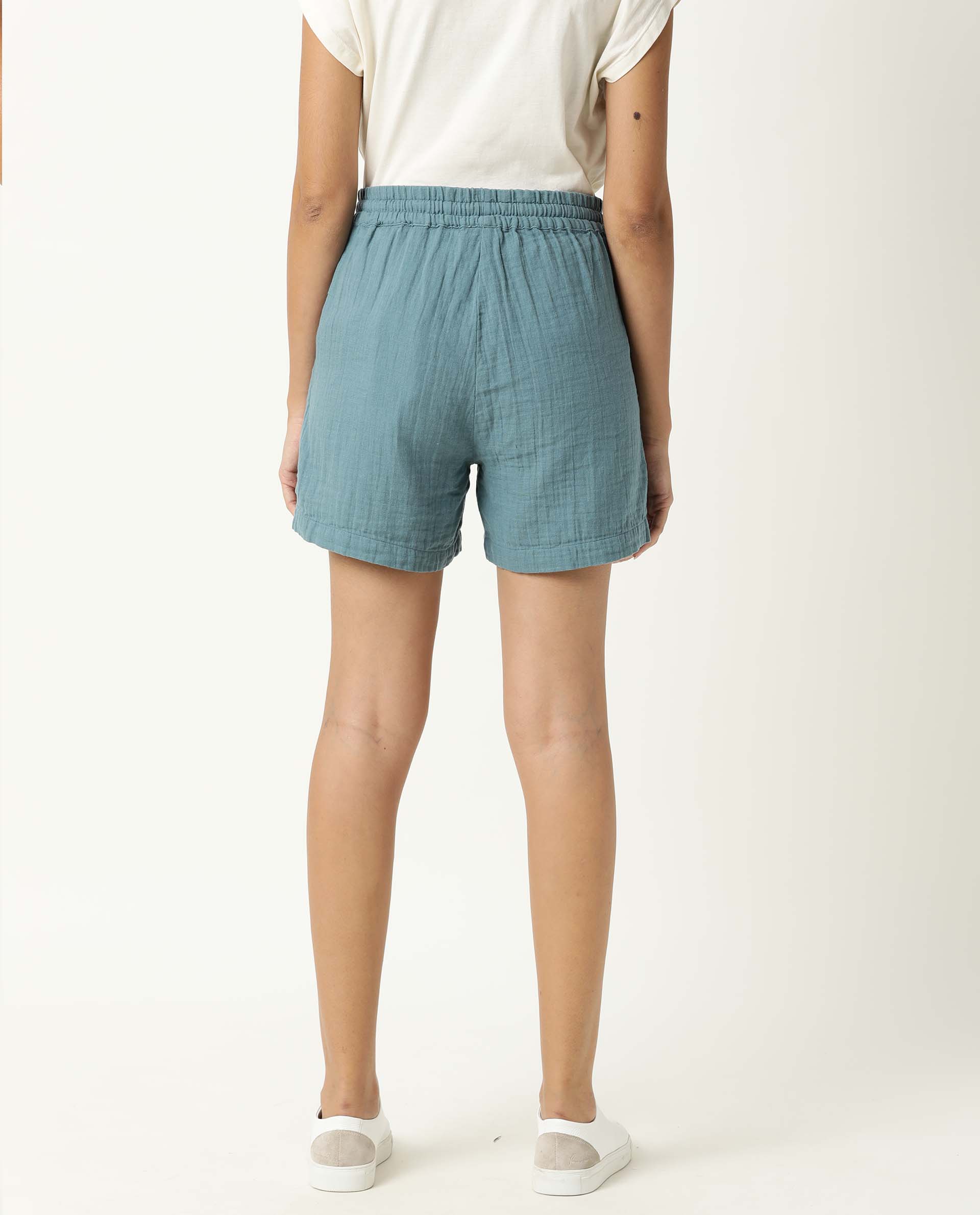 Rareism Women Leno Green Cotton Fabric Regular Fit Solid High Rise Shorts