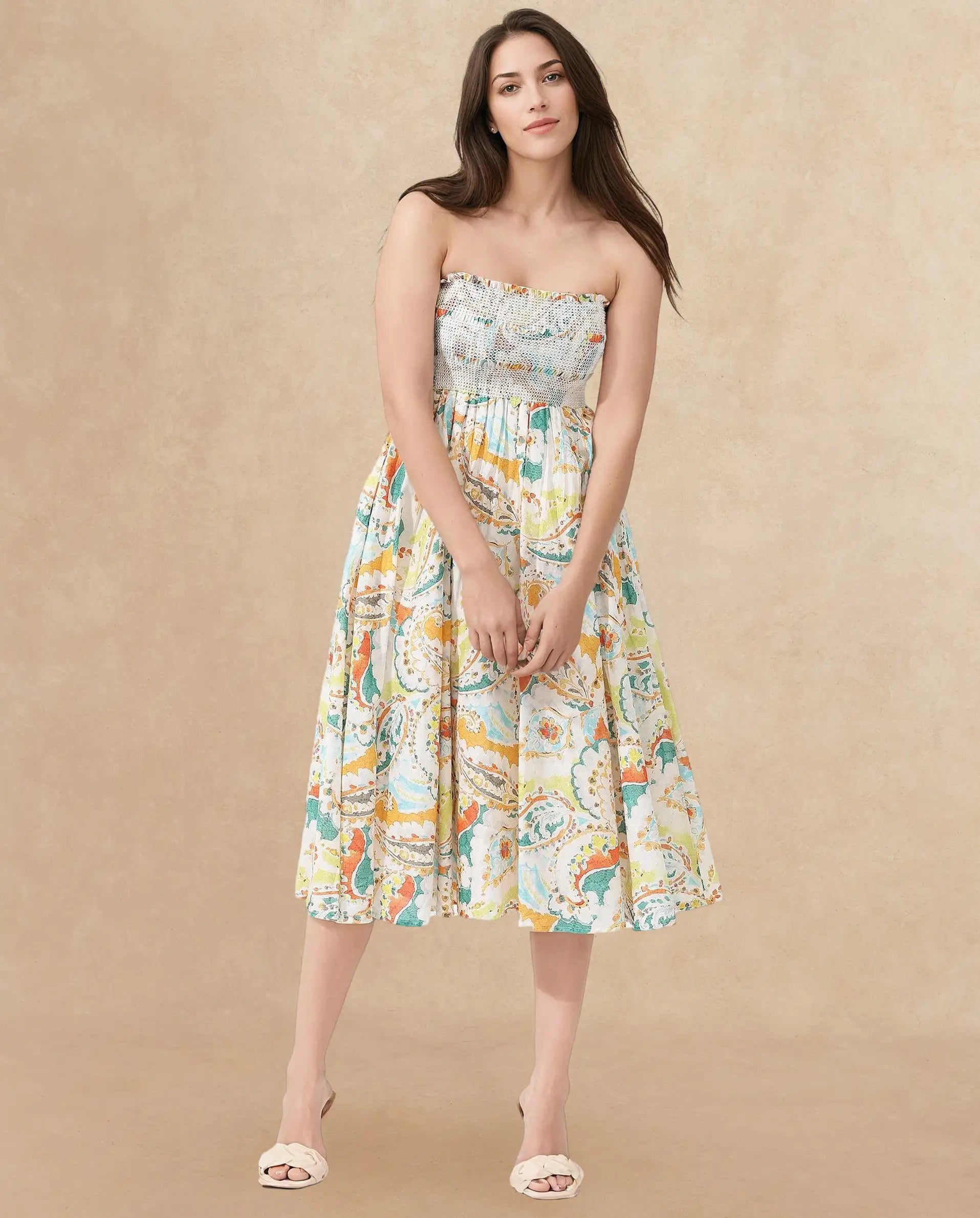 Rareism Women's Lenoid Multi Cotton Shoulder Strap Paisley Print Sleeveless Midi Fit And Flare Dress