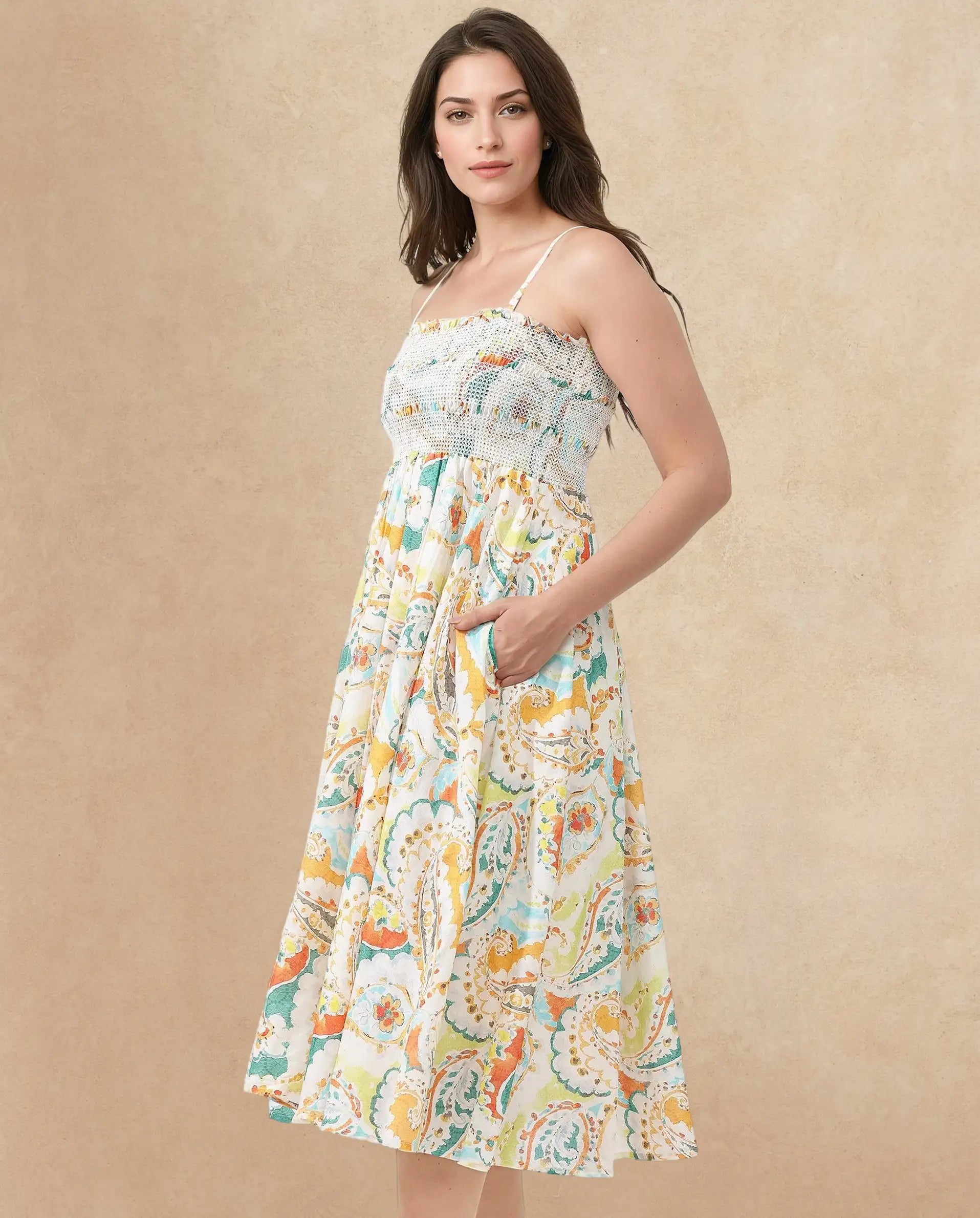 Rareism Women's Lenoid Multi Cotton Shoulder Strap Paisley Print Sleeveless Midi Fit And Flare Dress