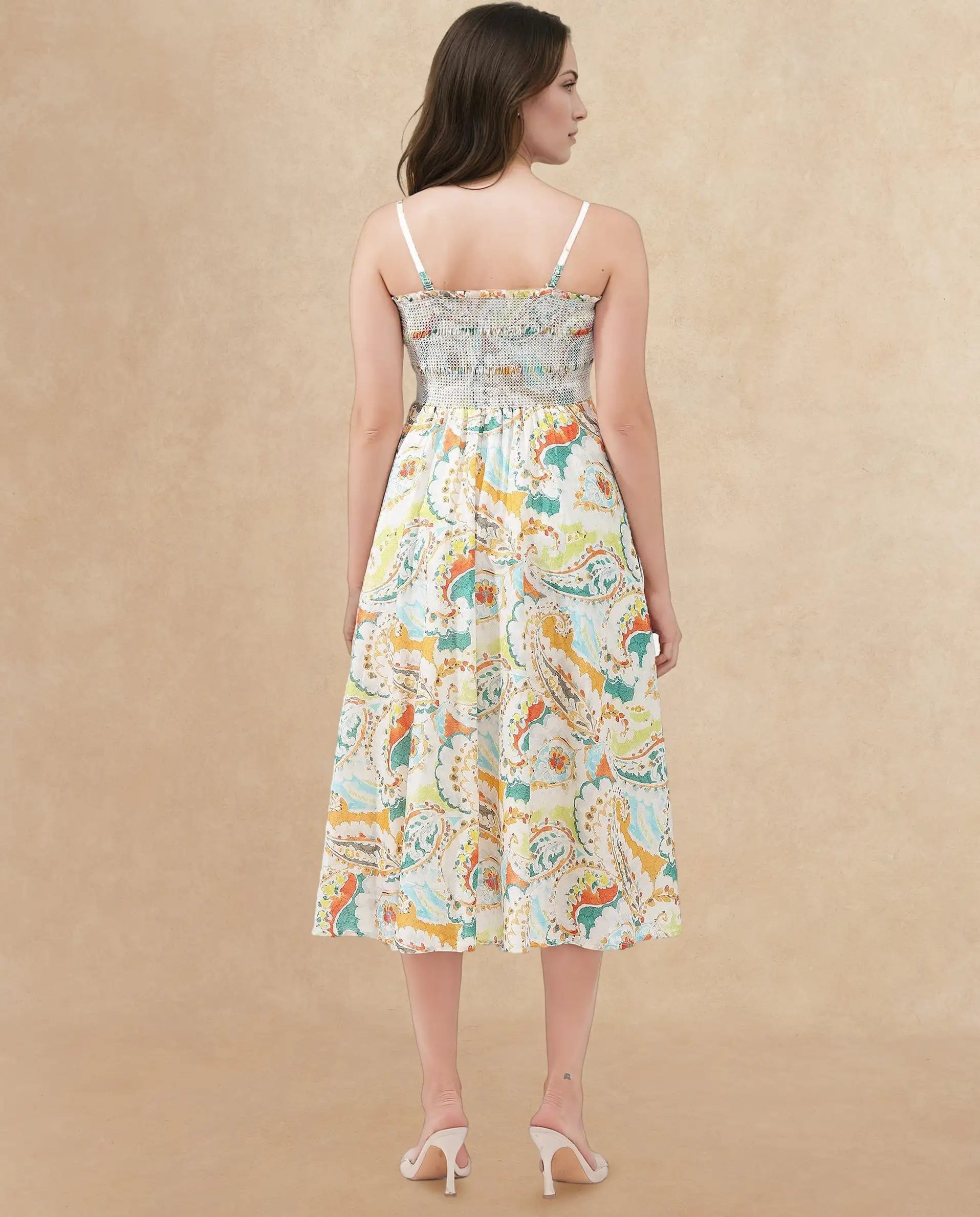 Rareism Women's Lenoid Multi Cotton Shoulder Strap Paisley Print Sleeveless Midi Fit And Flare Dress