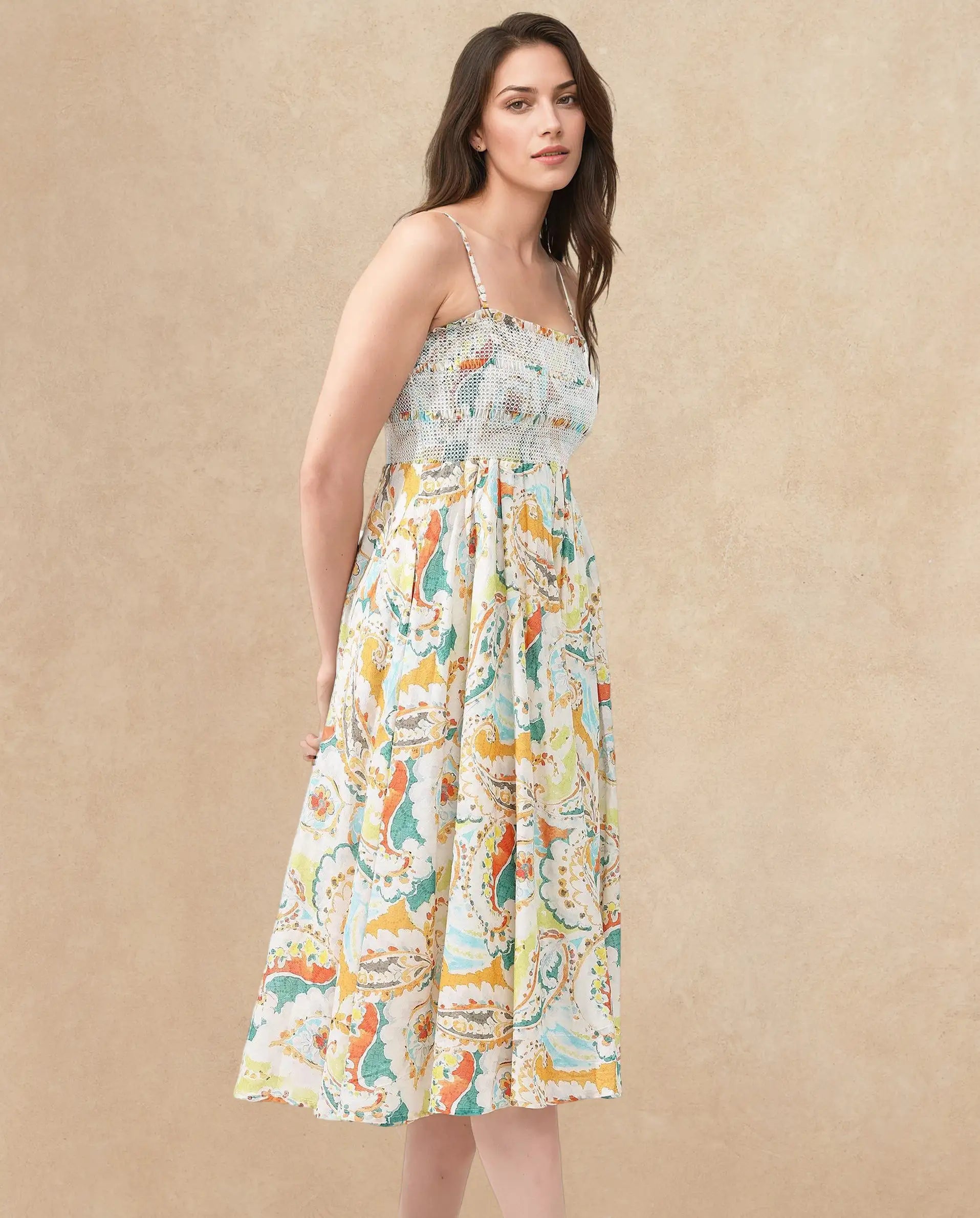 Rareism Women's Lenoid Multi Cotton Shoulder Strap Paisley Print Sleeveless Midi Fit And Flare Dress