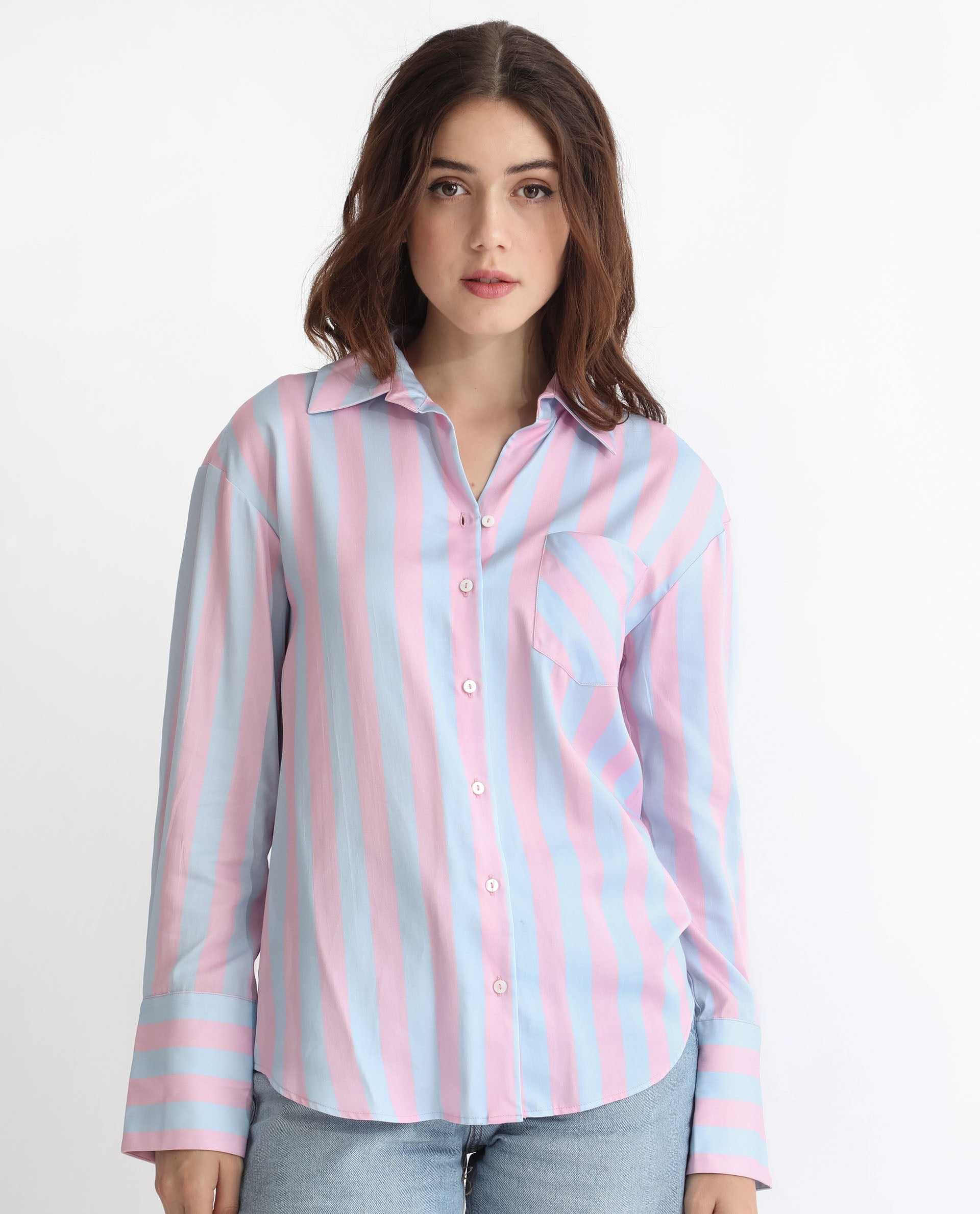 Rareism Women Lenona Pastel Blue Cotton Fabric Full Sleeves Button Closure Shirt Collar Slim Fit Striped Shirt