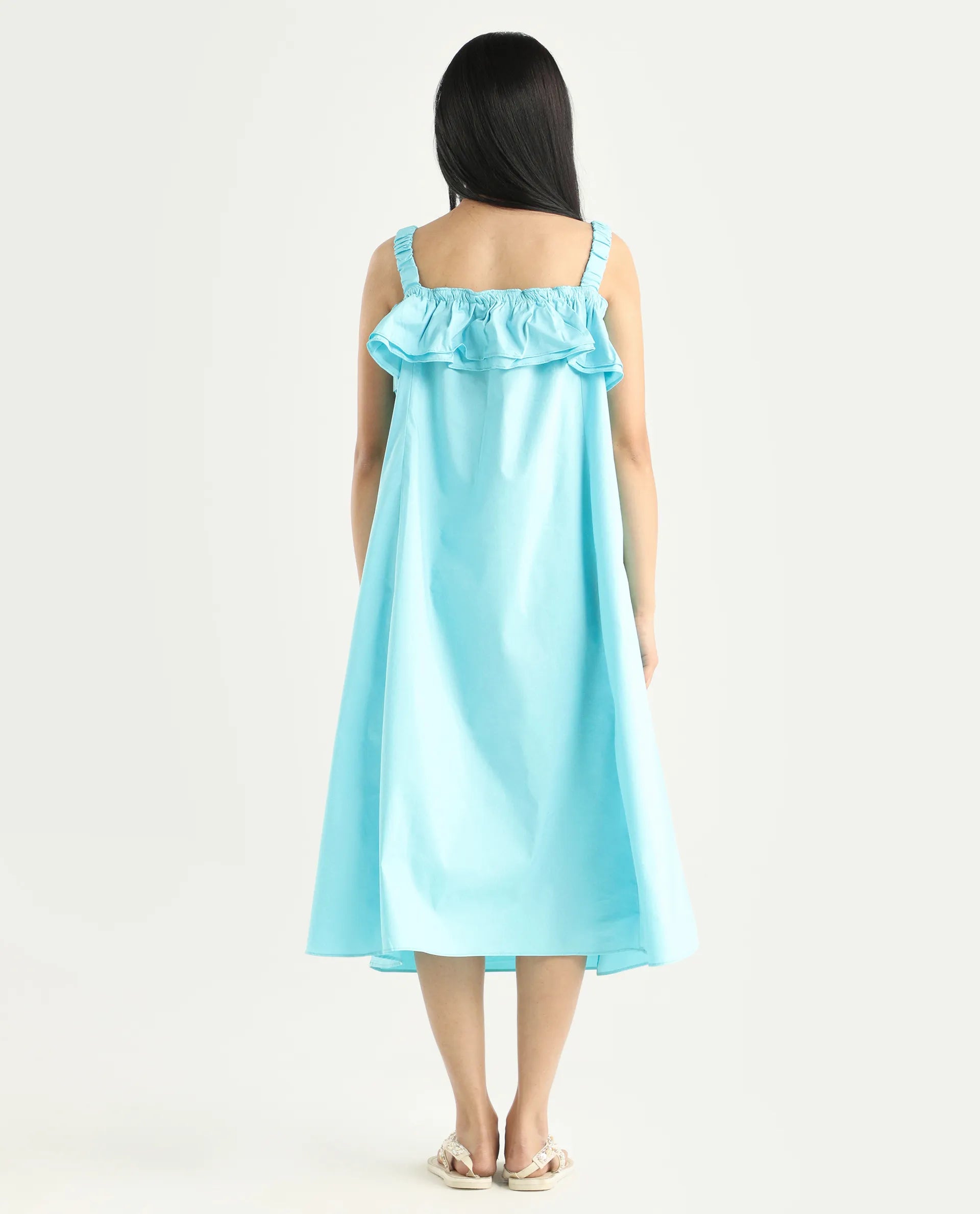 Rareism Women's Lens Blue Cotton Blend Shoulder Strap Plain Sleeveless Knee Length Regular Fit Dress