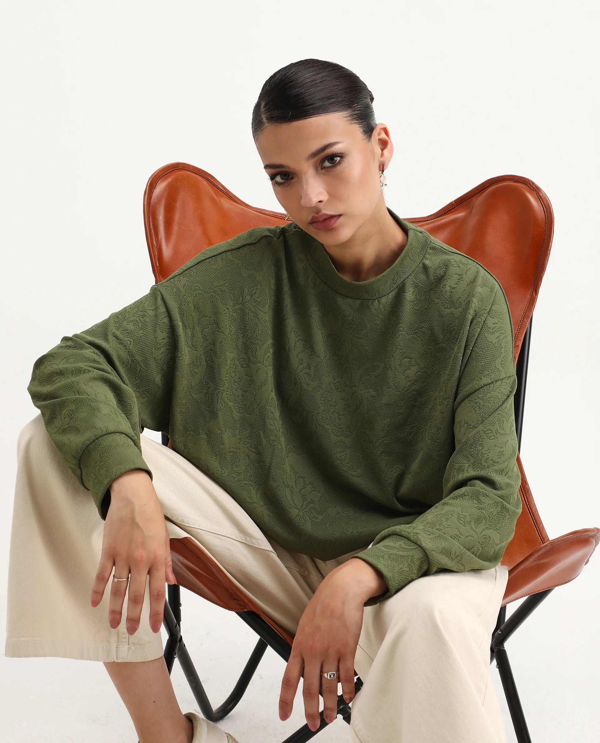 Rareism Women's Lent Olive Polyester Blend Crew Neck Oversize Fit Jacquard Sweatshirt