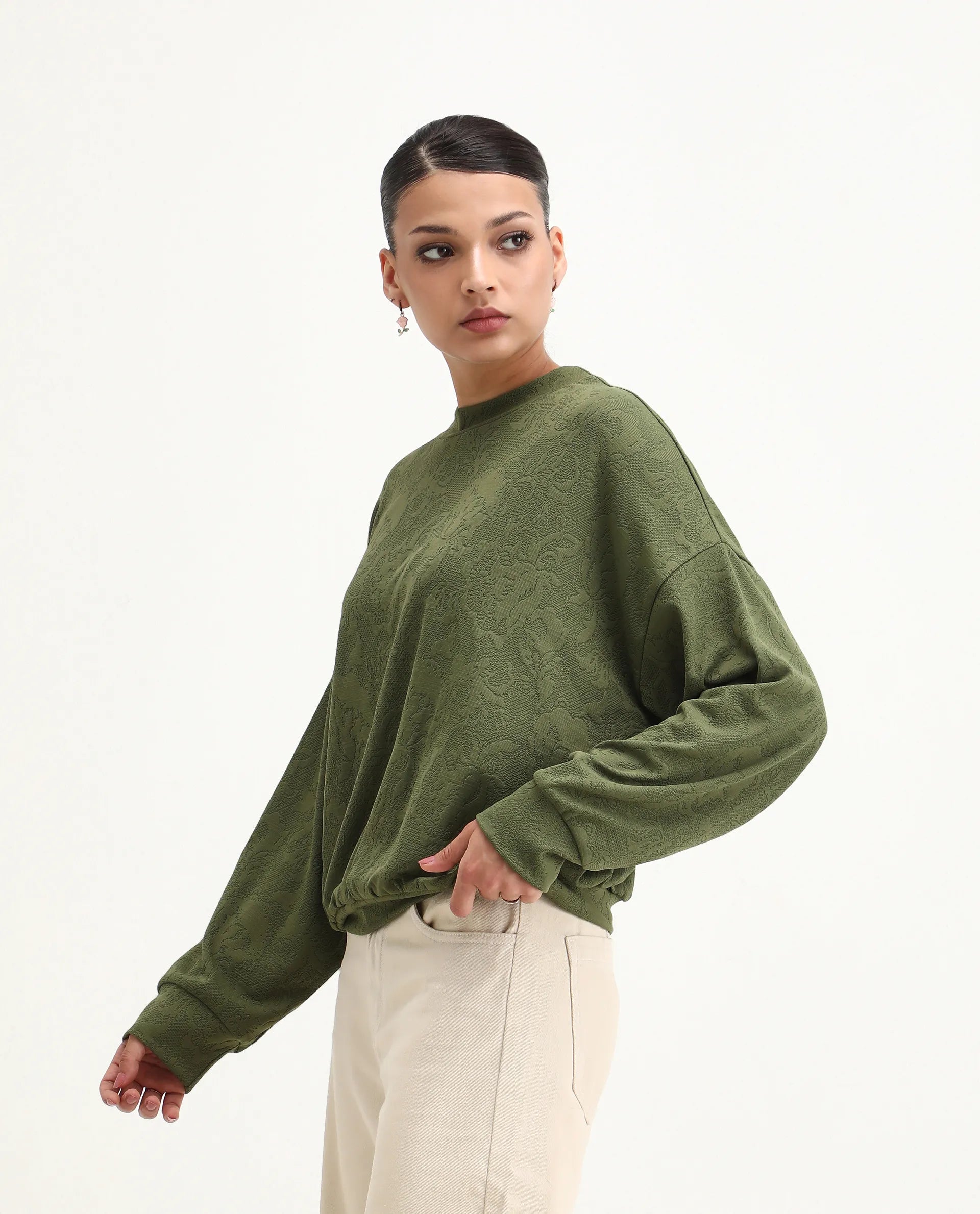 Rareism Women's Lent Olive Polyester Blend Crew Neck Oversize Fit Jacquard Sweatshirt
