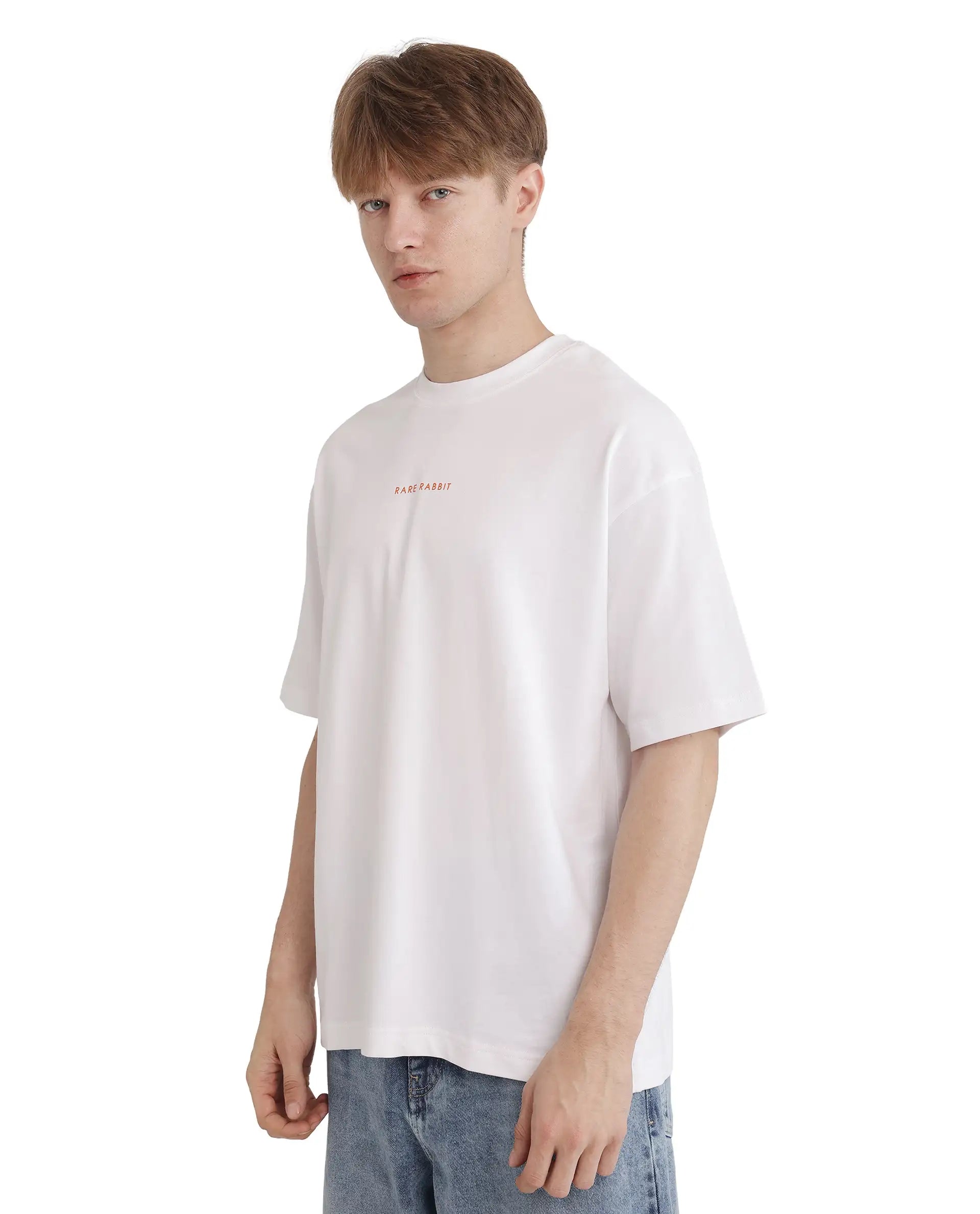 Rare Rabbit Men Len White Cotton Fabric Short Sleeve Crew Neck Slip-On Oversized Fit Typography Backprint T-Shirt