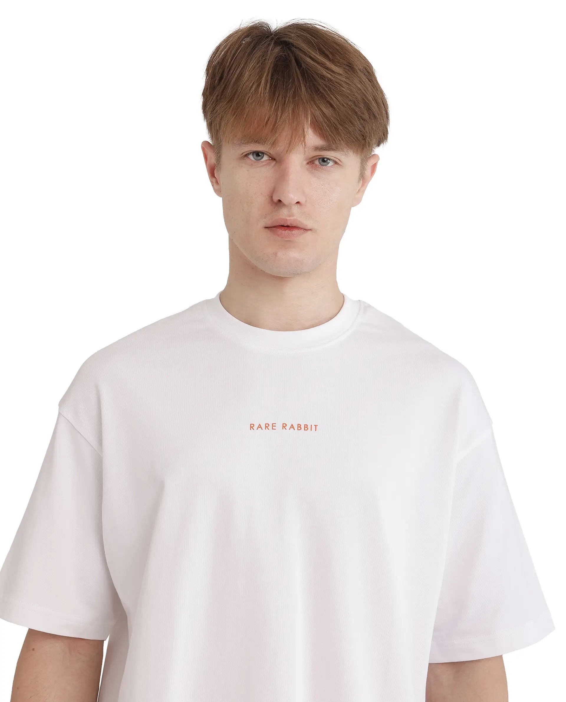 Rare Rabbit Men Len White Cotton Fabric Short Sleeve Crew Neck Slip-On Oversized Fit Typography Backprint T-Shirt