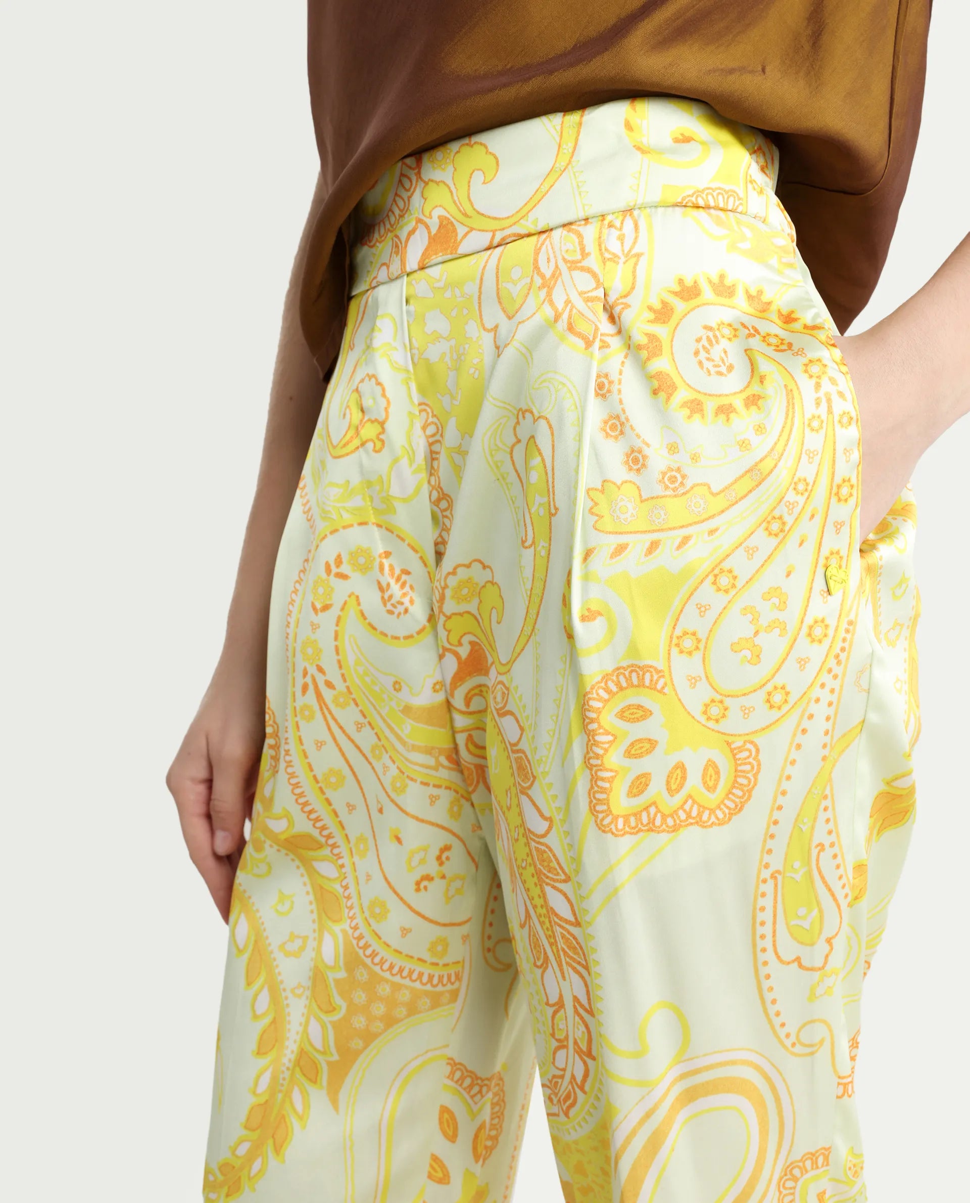 Rareism Women's Lenzet Yellow Polyester Paisley Print Ankle Length Relaxed Fit Trouser