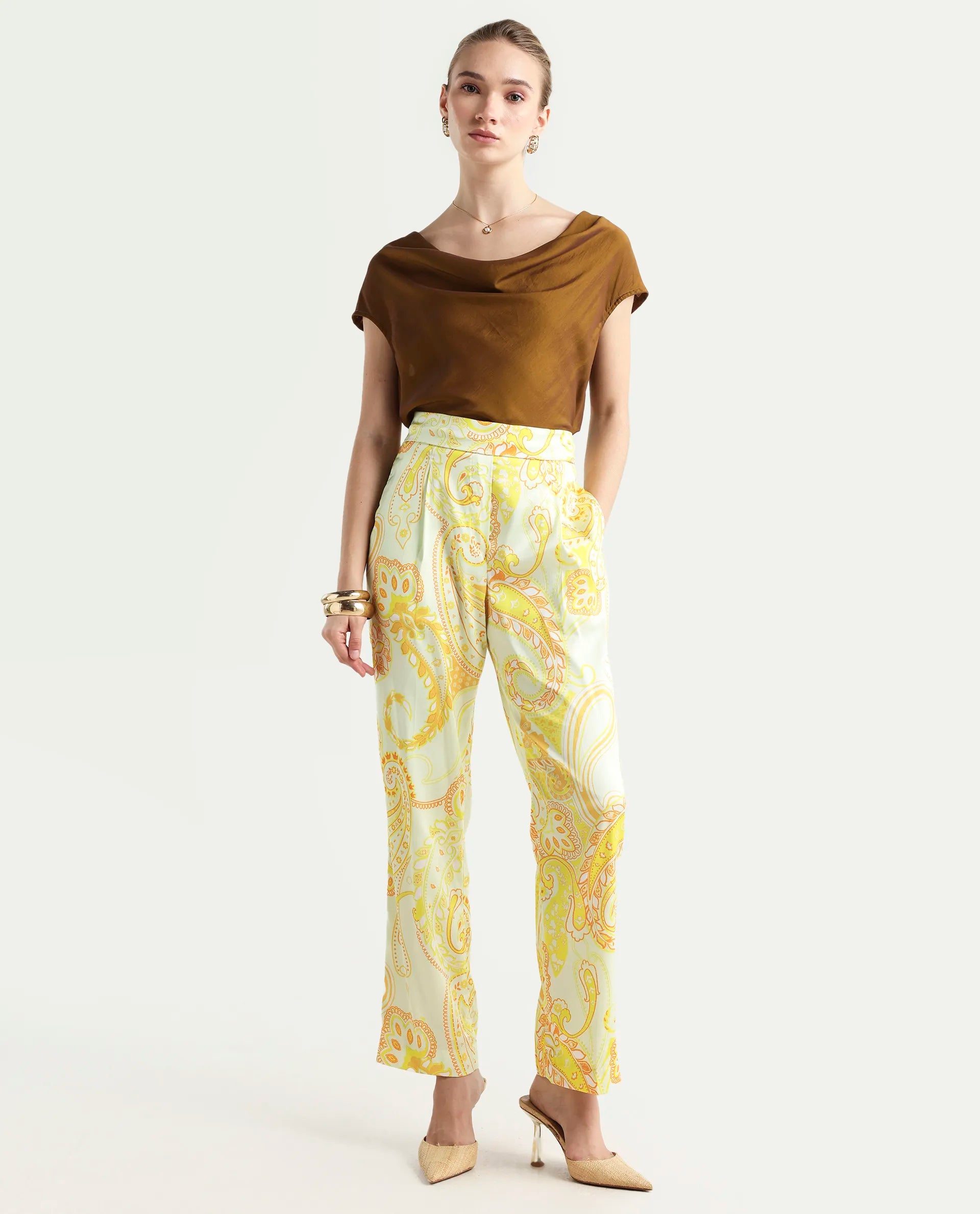 Rareism Women's Lenzet Yellow Polyester Paisley Print Ankle Length Relaxed Fit Trouser