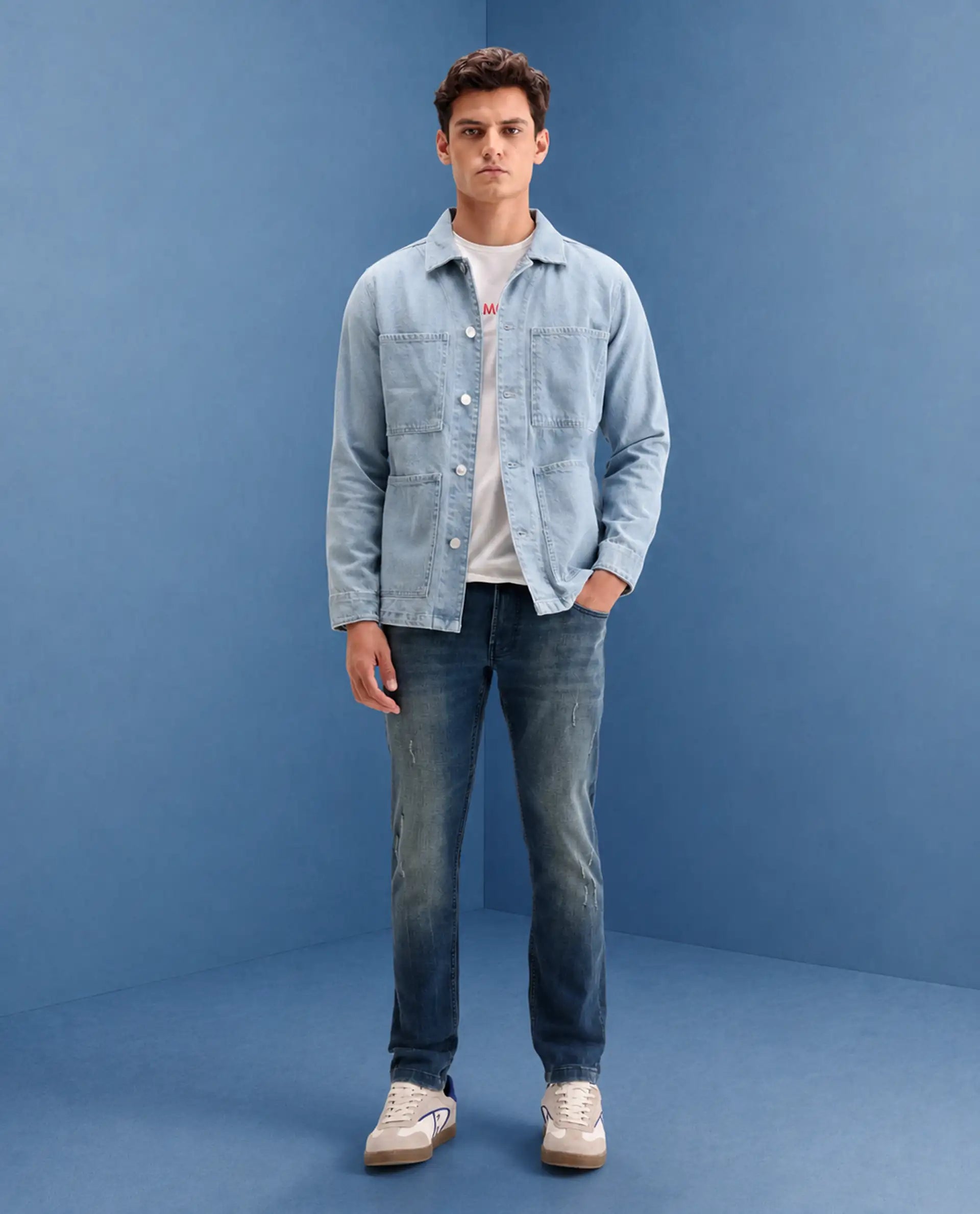Rare Rabbit Men's Lenz S Blue Cotton Blend Fabric Shank And Zipper Hawk Slim Plain Jeans
