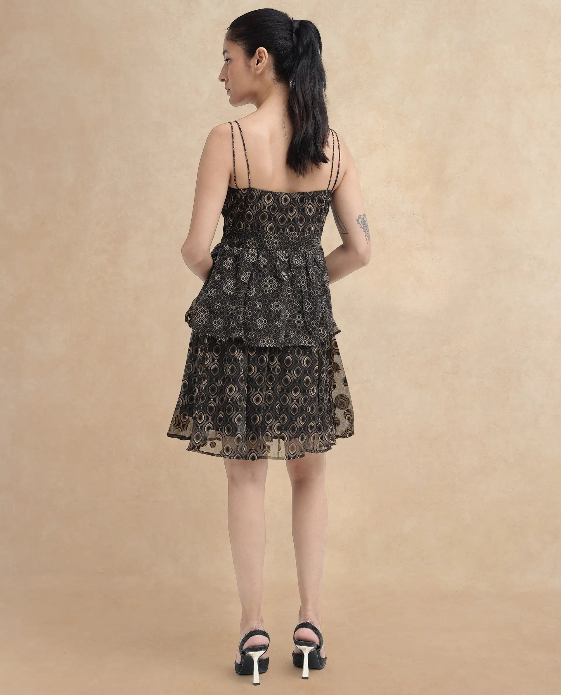 Rareism Women's Leonar Black Shoulder Straps Geometric Print Fit And Flare Mini Dress