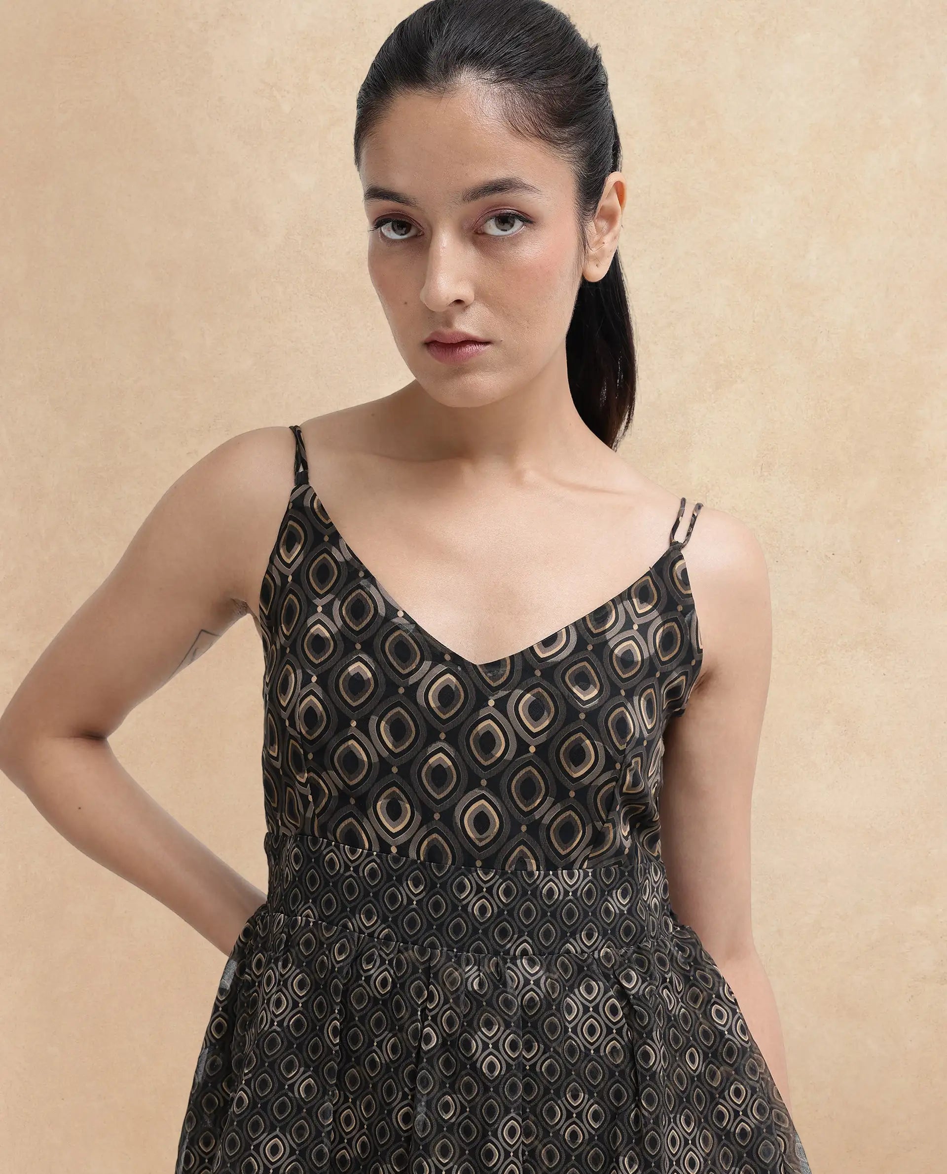 Rareism Women's Leonar Black Shoulder Straps Geometric Print Fit And Flare Mini Dress