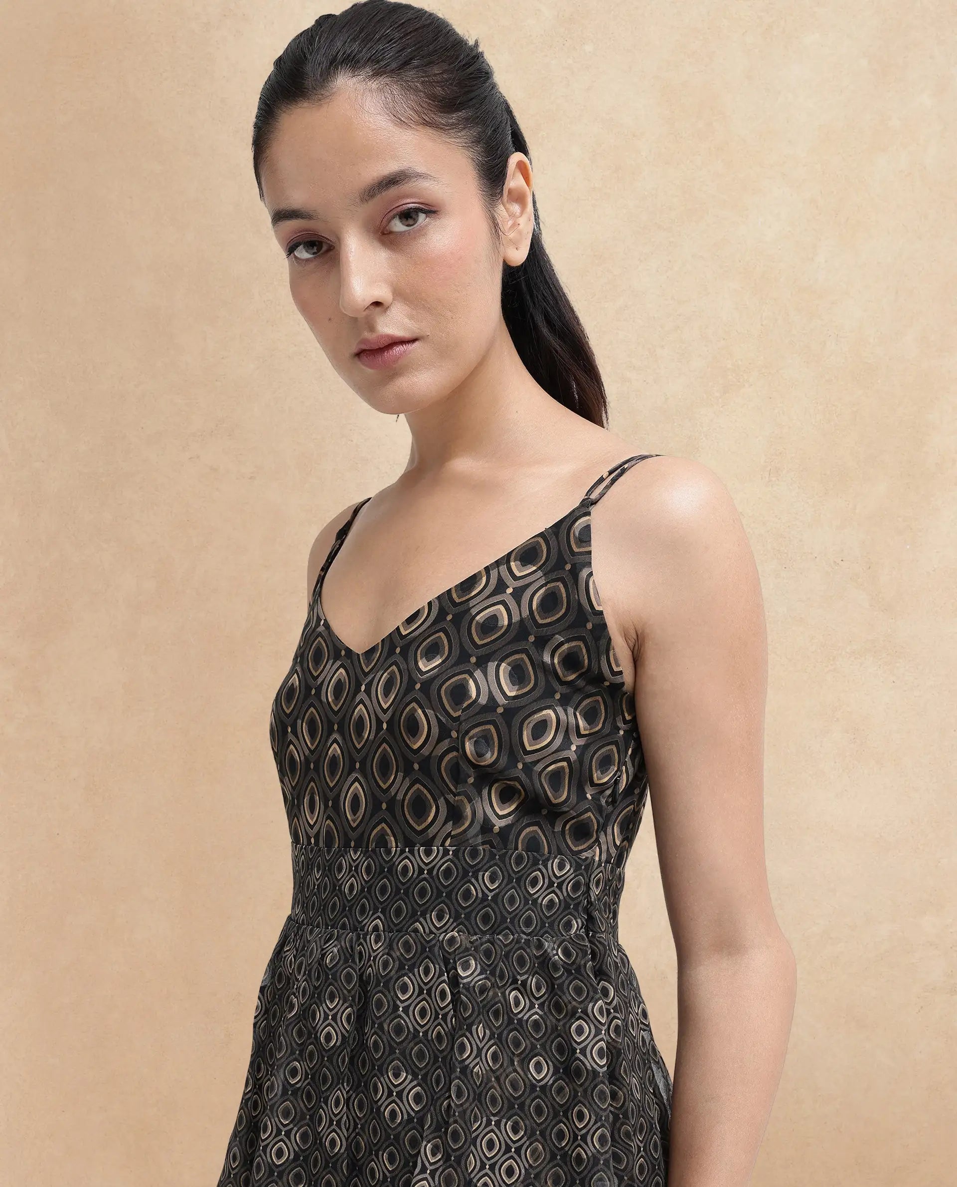 Rareism Women's Leonar Black Shoulder Straps Geometric Print Fit And Flare Mini Dress