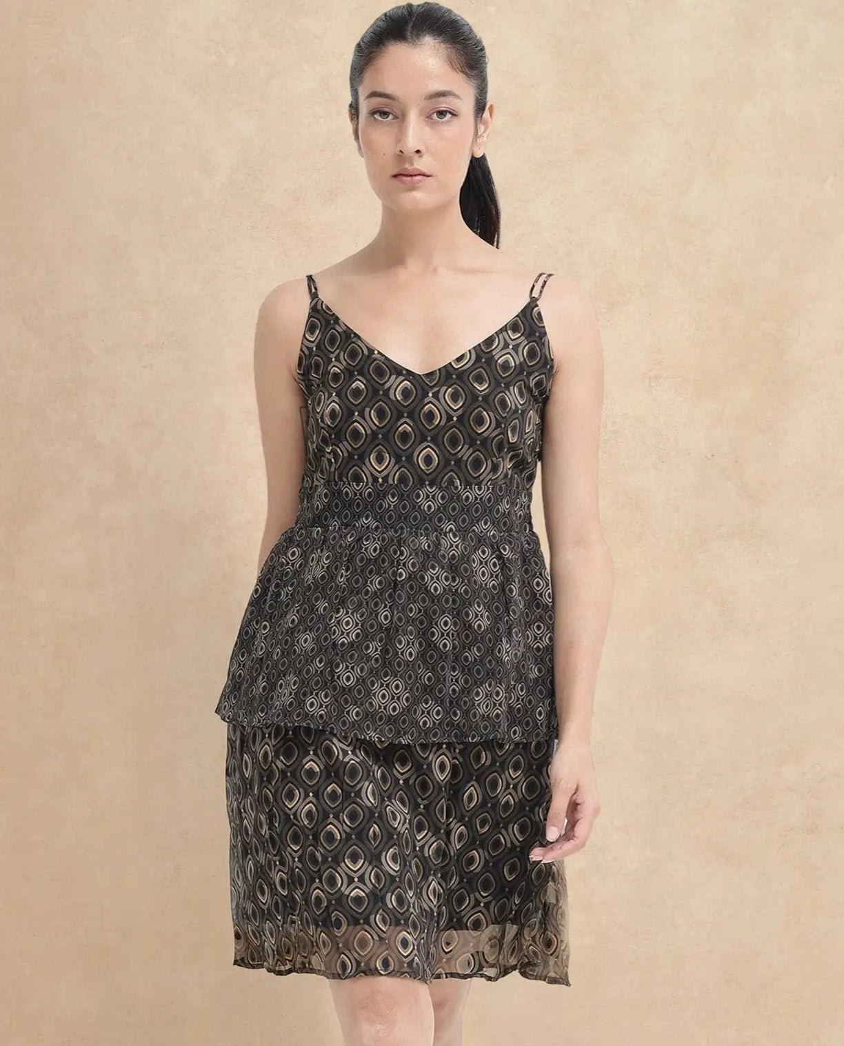 Rareism Women's Leonar Black Shoulder Straps Geometric Print Fit And Flare Mini Dress