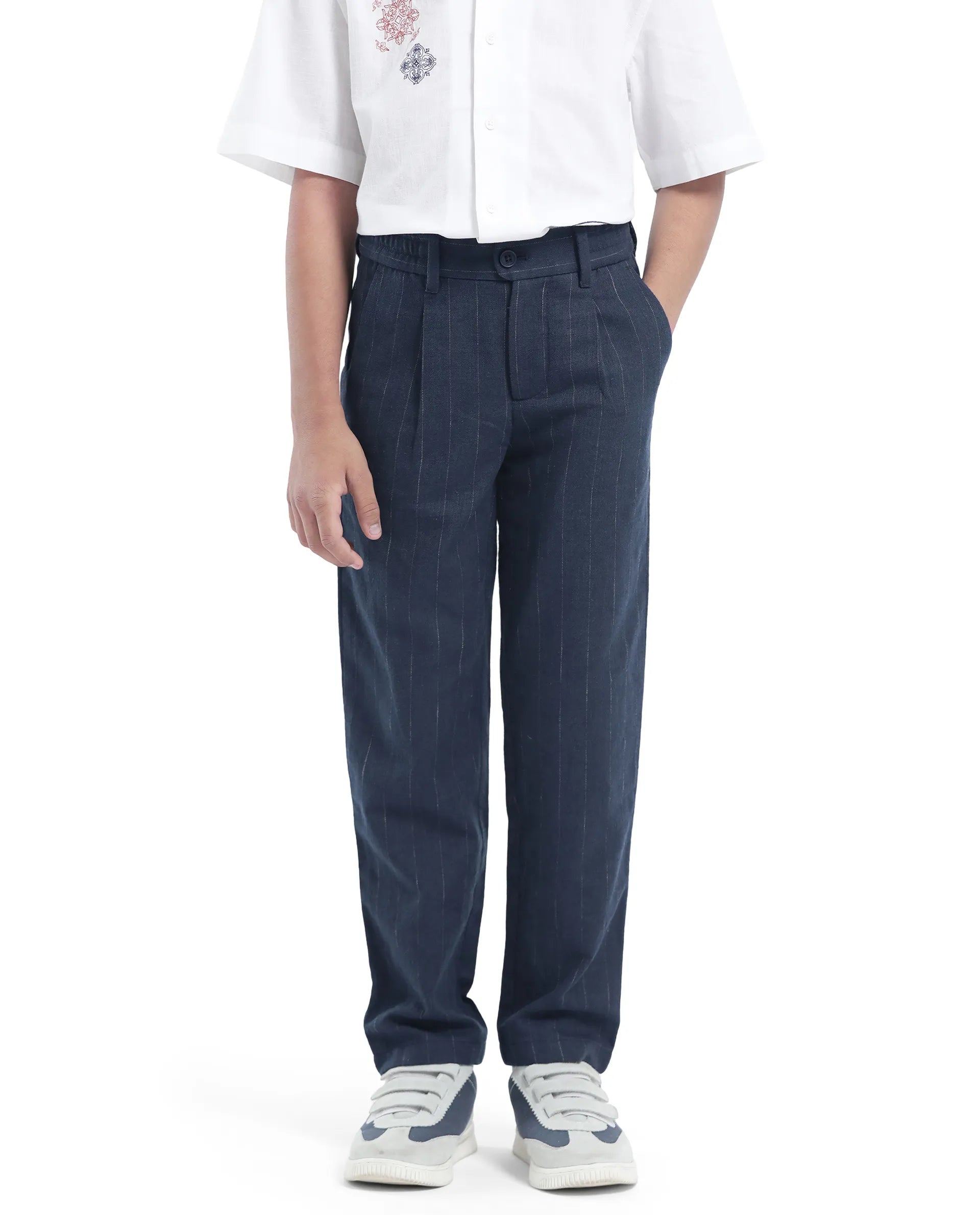 Rare Ones Kids Leo Navy Polyester Blend Striped Button & Zip Closure Regular Fit Trouser