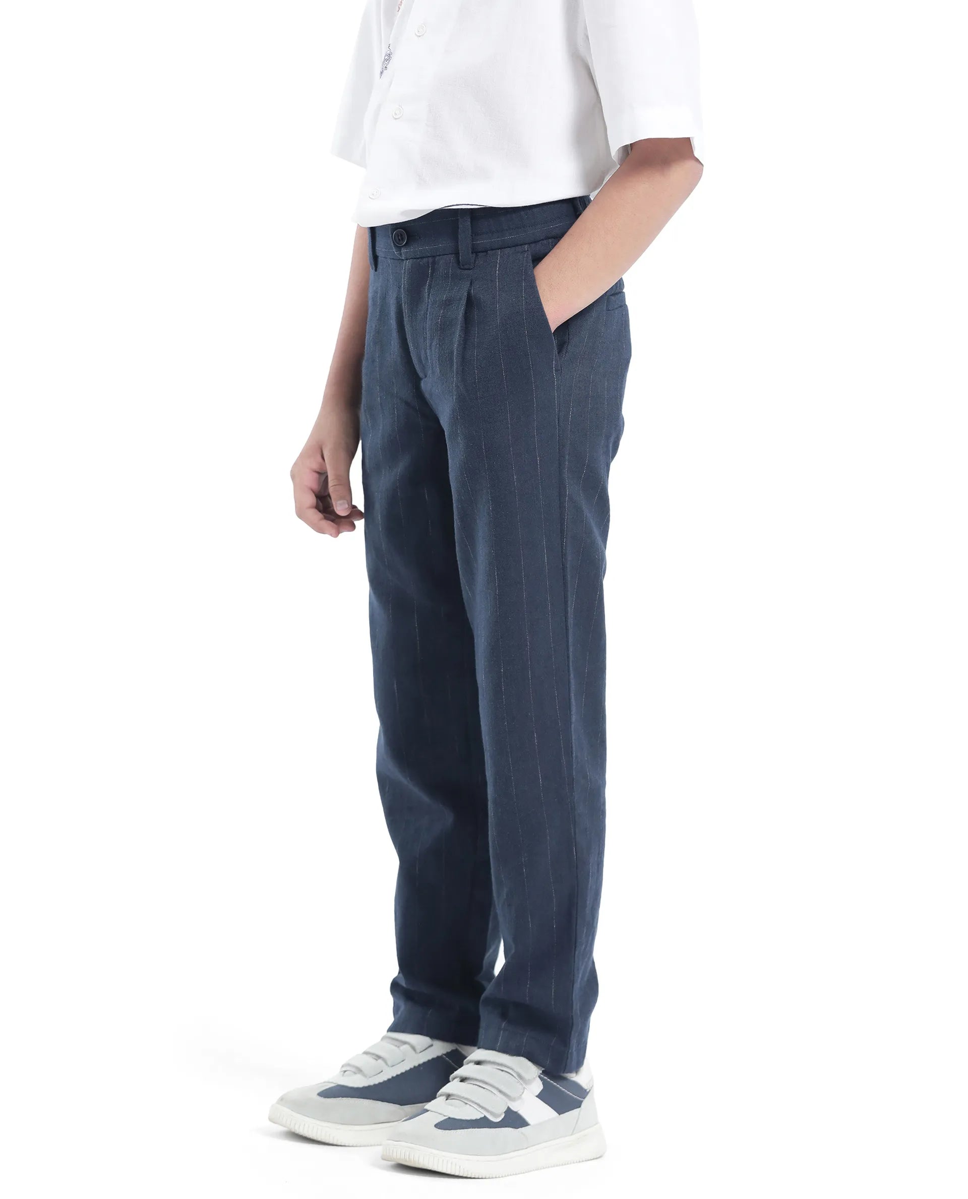 Rare Ones Kids Leo Navy Polyester Blend Striped Button & Zip Closure Regular Fit Trouser