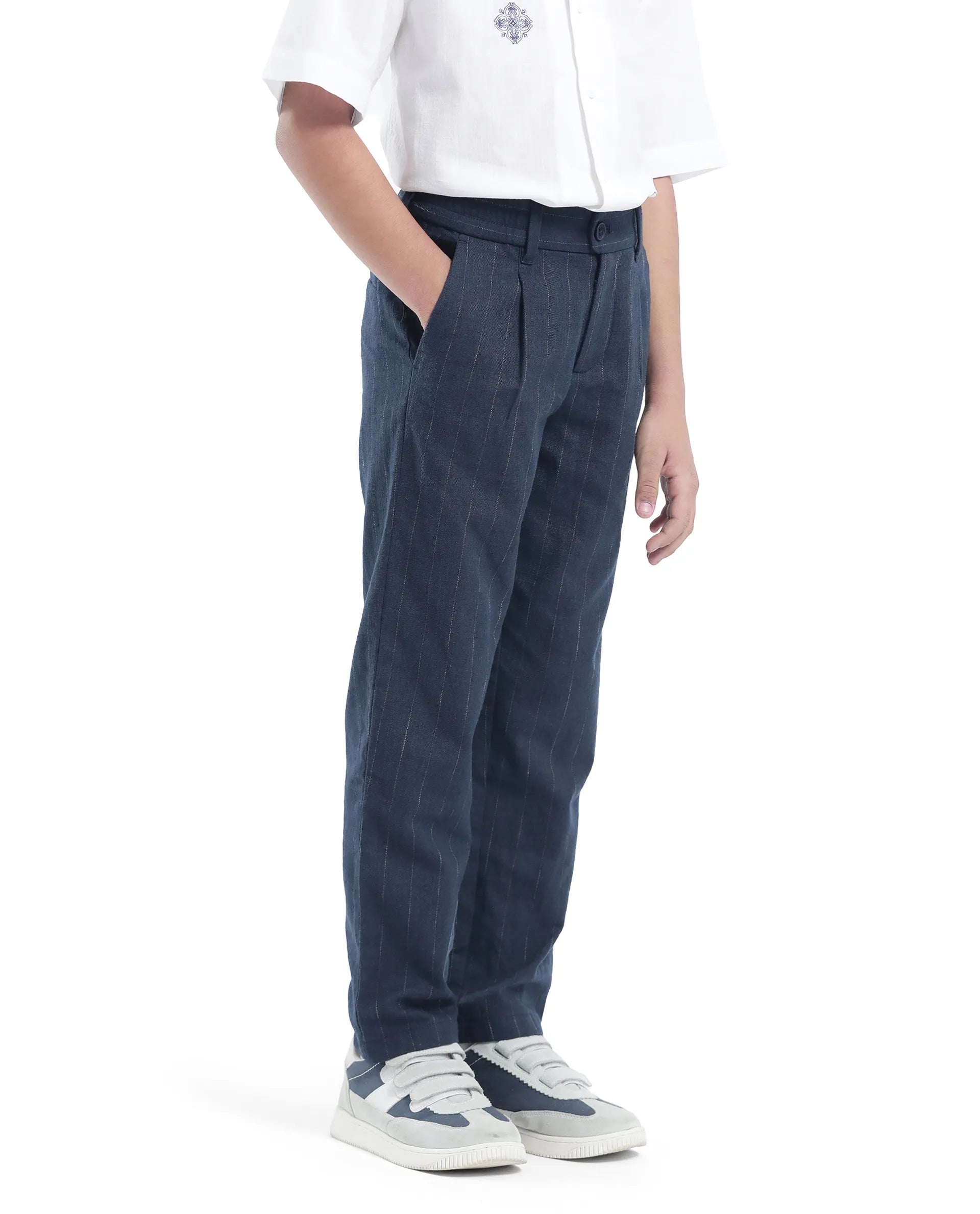 Rare Ones Kids Leo Navy Polyester Blend Striped Button & Zip Closure Regular Fit Trouser