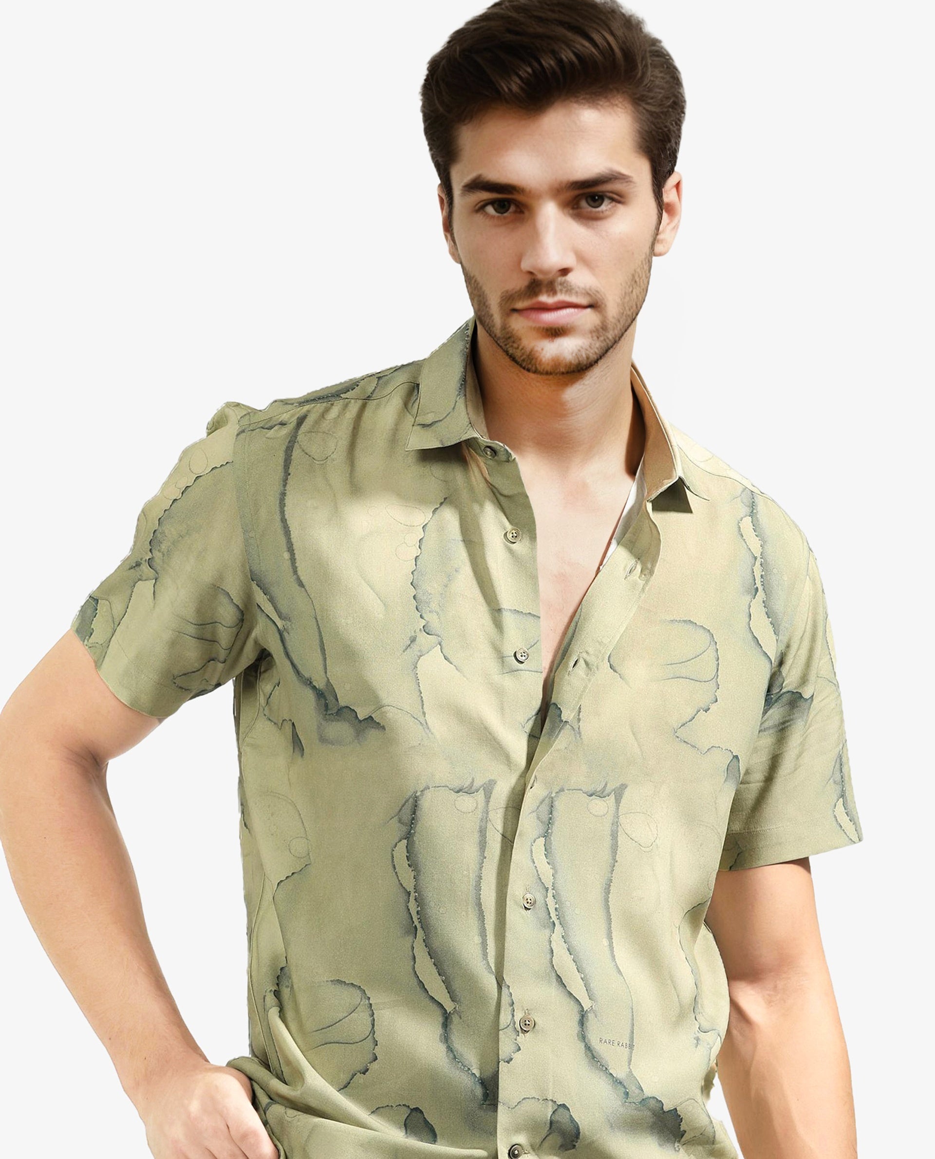 Rare Rabbit Men's Leons Ss Green Viscose Fabric Abstract Print Half Sleeves