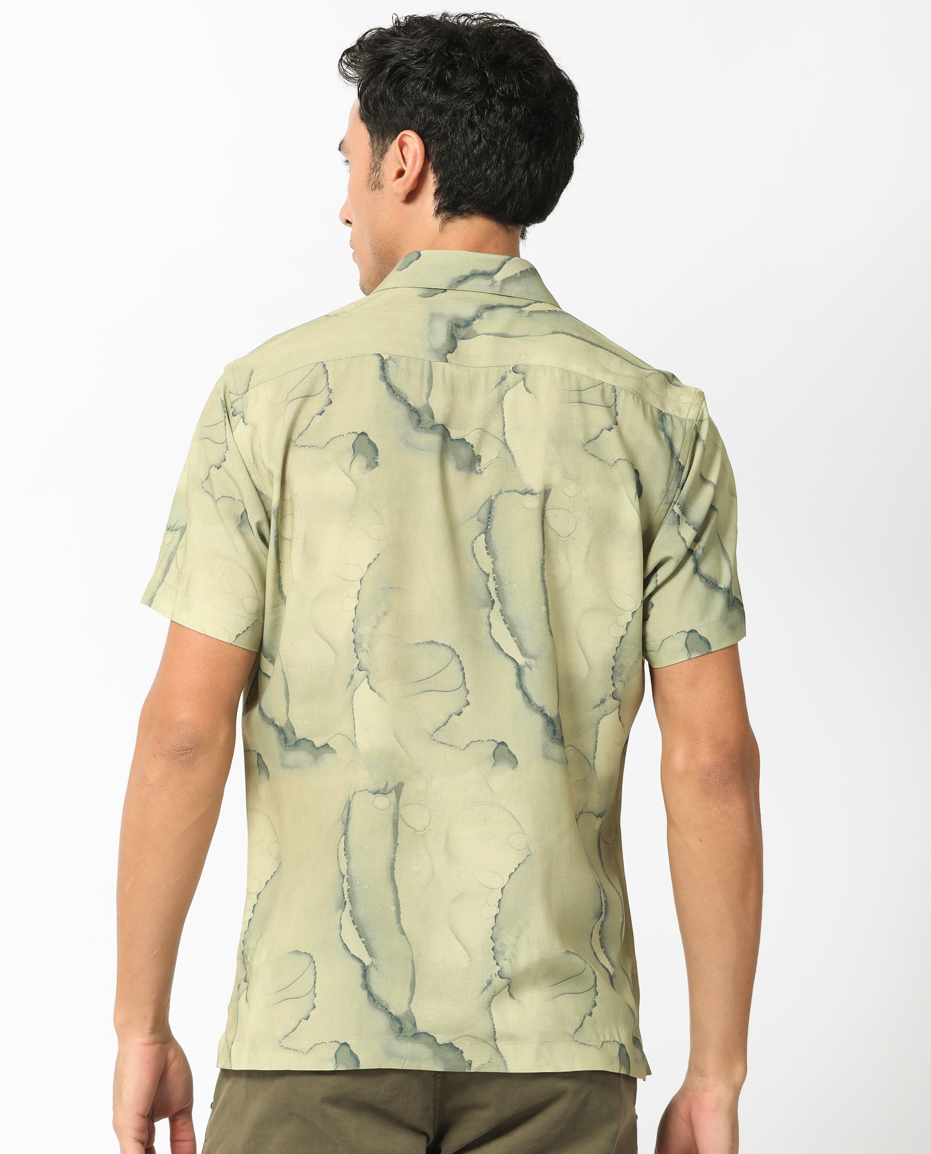 Rare Rabbit Men's Leons Ss Green Viscose Fabric Abstract Print Half Sleeves