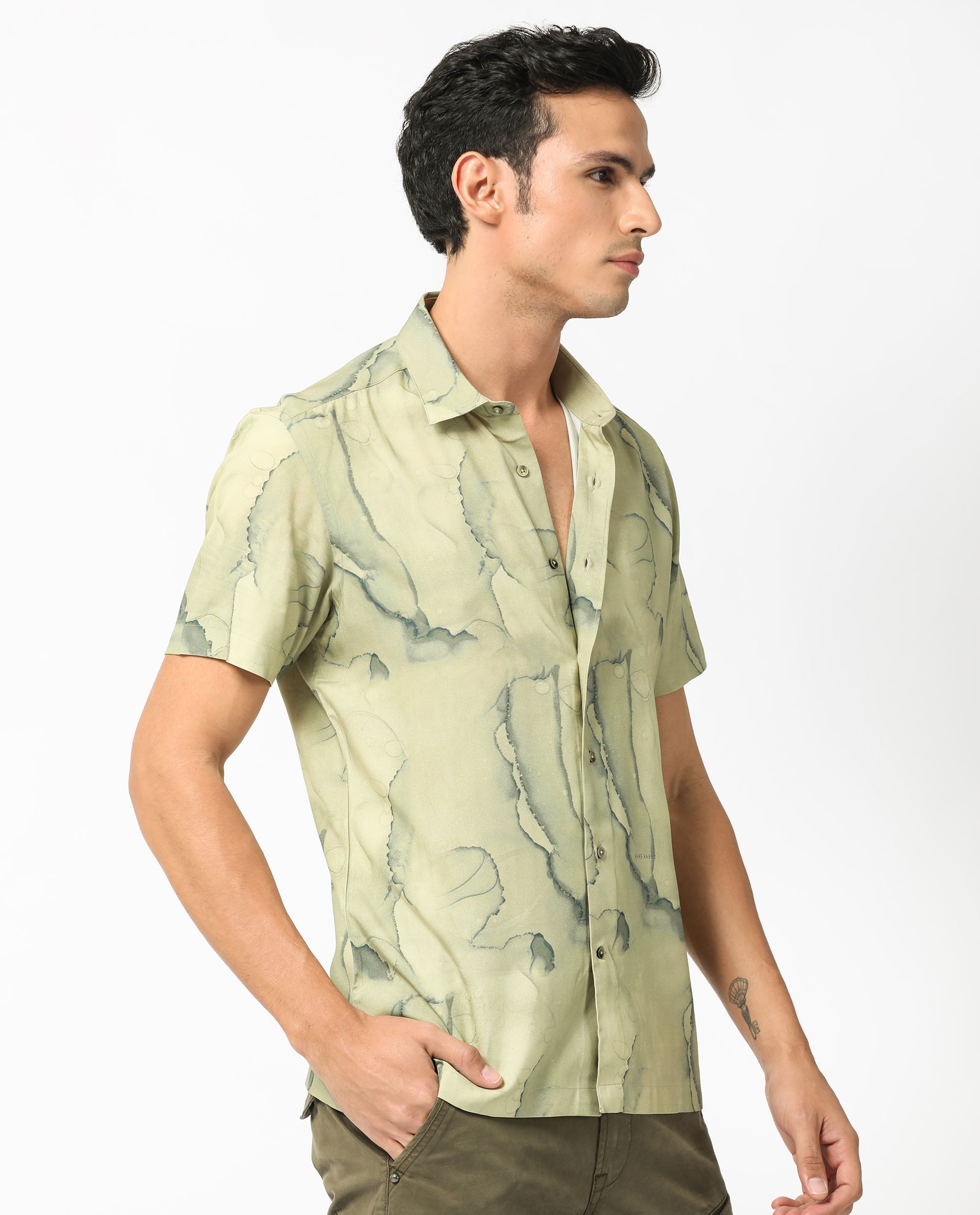 Rare Rabbit Men's Leons Ss Green Viscose Fabric Abstract Print Half Sleeves