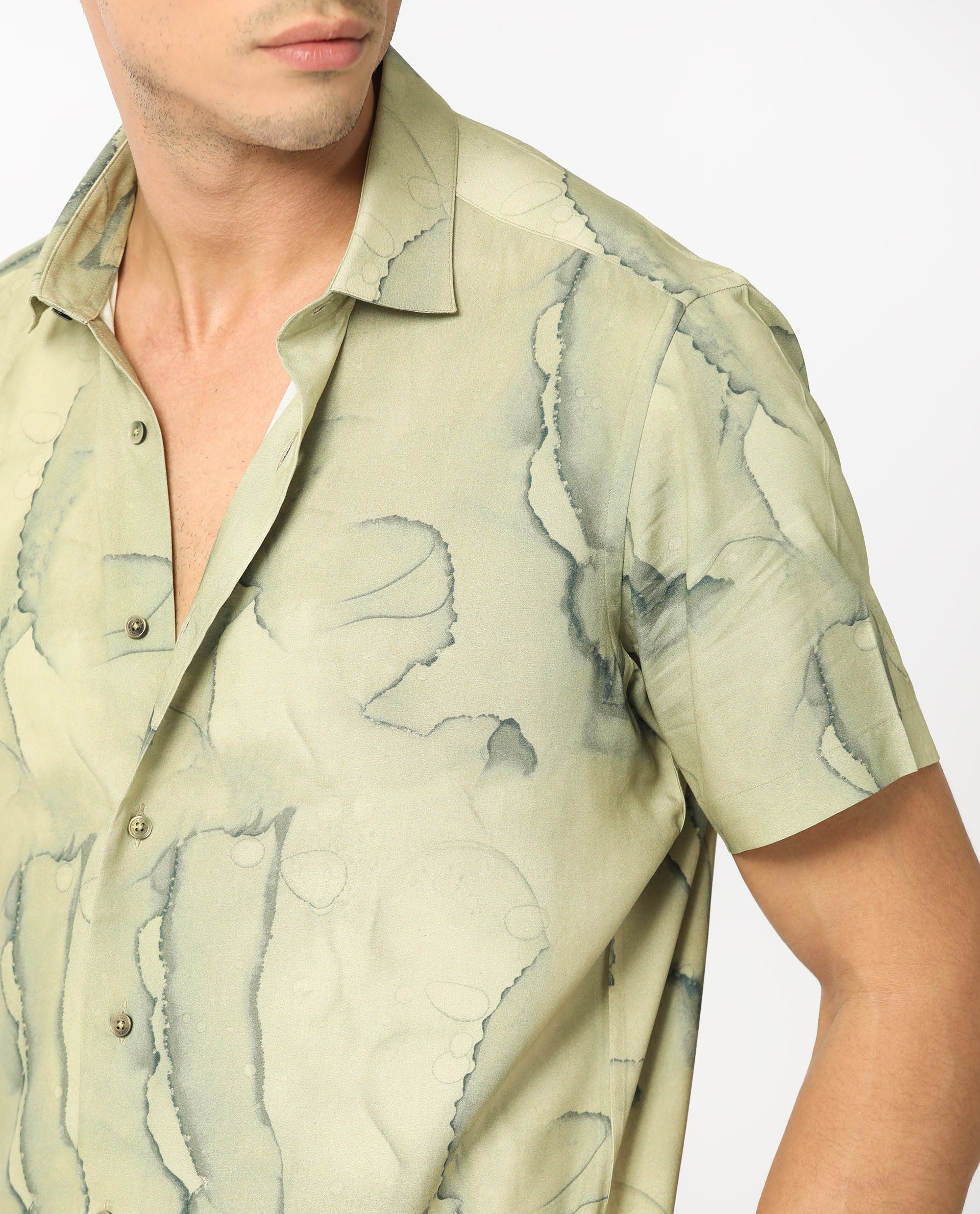 Rare Rabbit Men's Leons Ss Green Viscose Fabric Abstract Print Half Sleeves