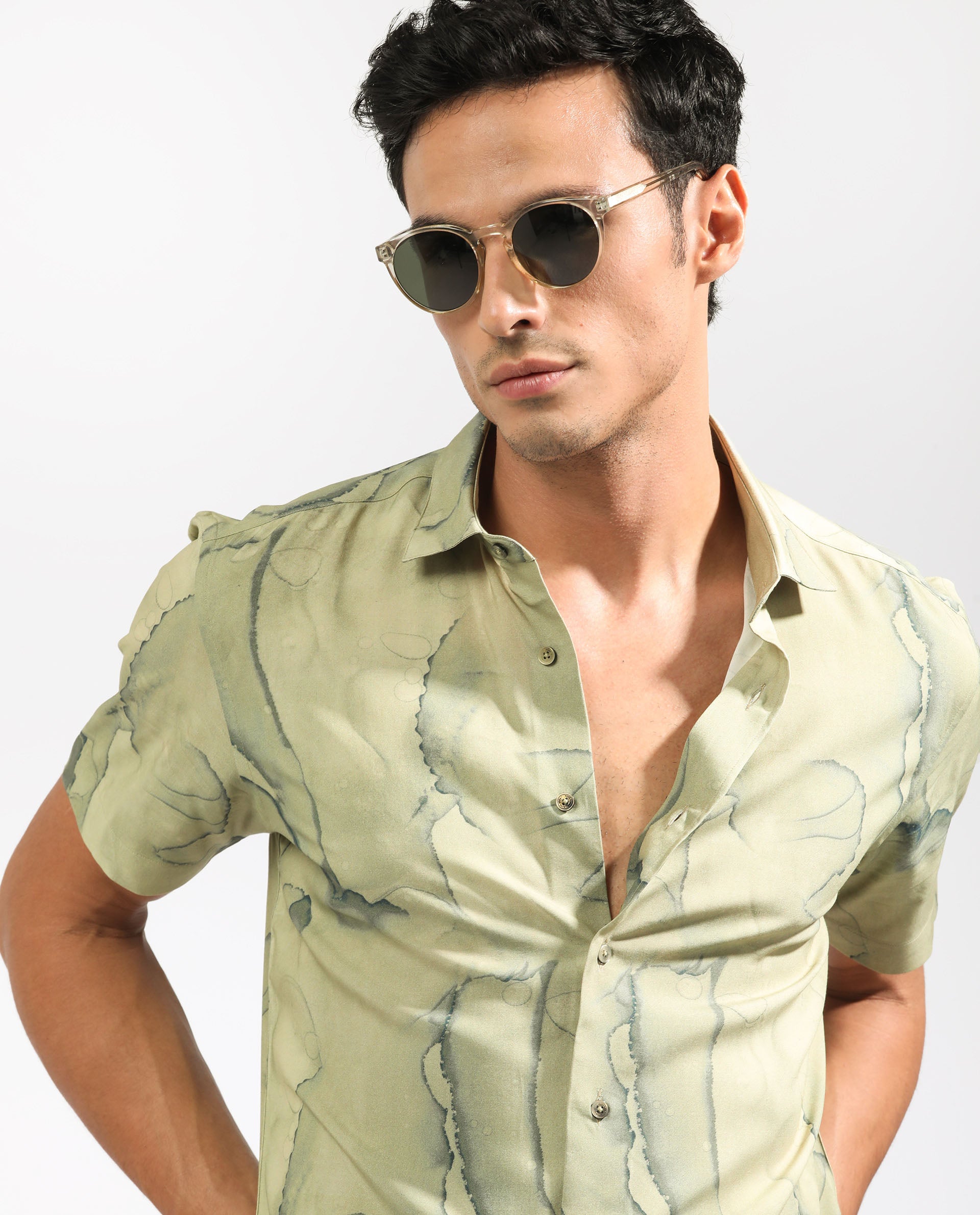 Rare Rabbit Men's Leons Ss Green Viscose Fabric Abstract Print Half Sleeves