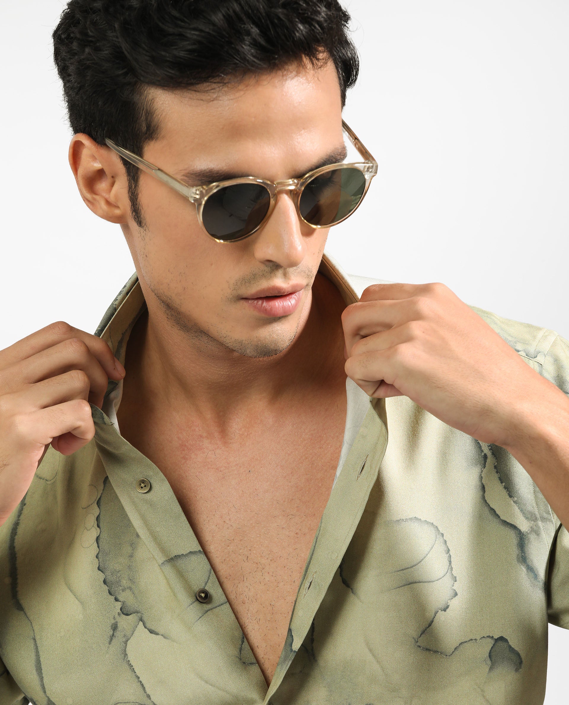 Rare Rabbit Men's Leons Ss Green Viscose Fabric Abstract Print Half Sleeves