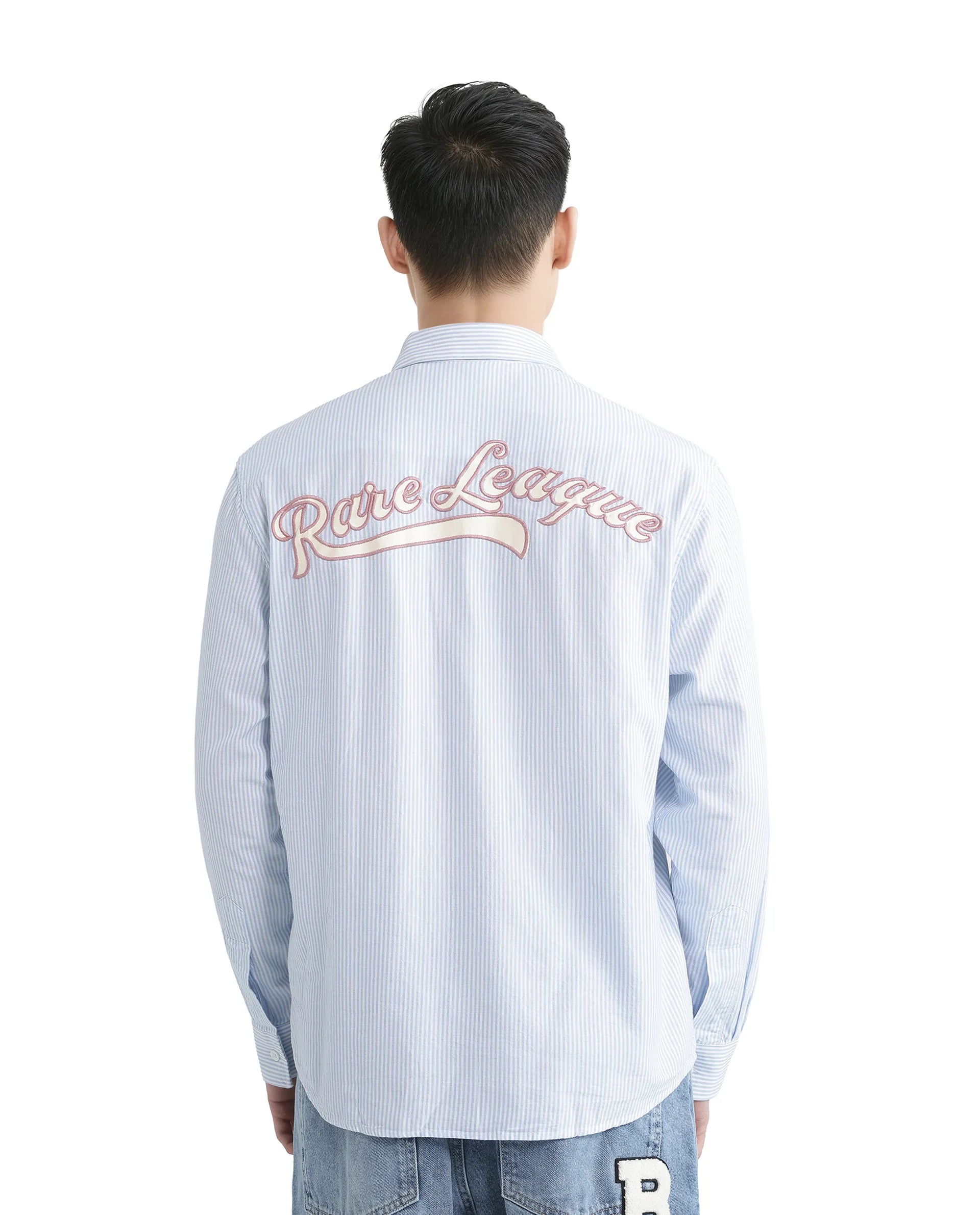 Rare Rabbit Men's Leor Blue Cotton Fabric Embroidered Logo Full Sleeve Button Closure Pinstripe Shirt