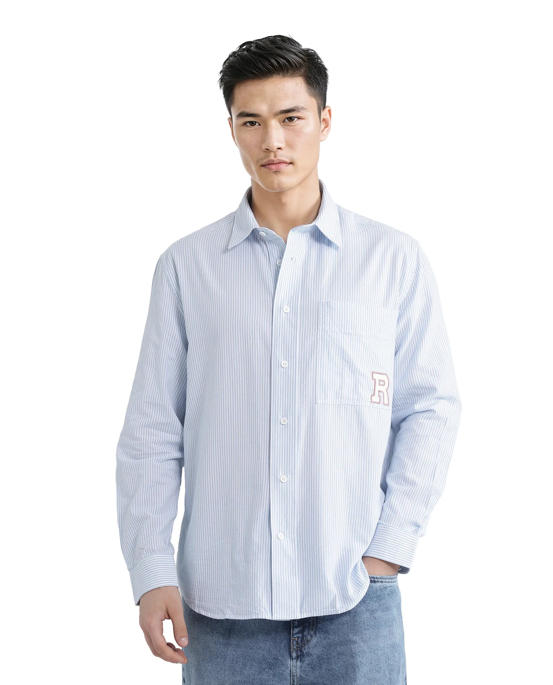 Rare Rabbit Men's Leor Blue Cotton Fabric Embroidered Logo Full Sleeve Button Closure Pinstripe Shirt