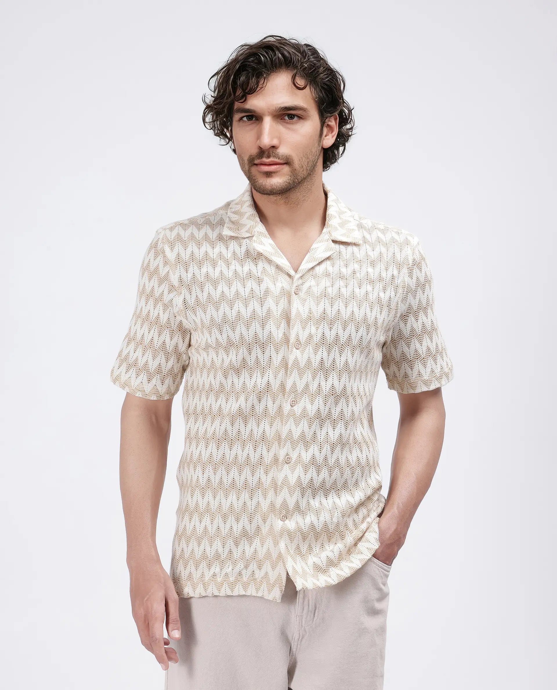 Rare Rabbit Men's Leos Beige Cotton Fabric Short Sleeve Cuban Collar Boxy Fit Crochet Shirt