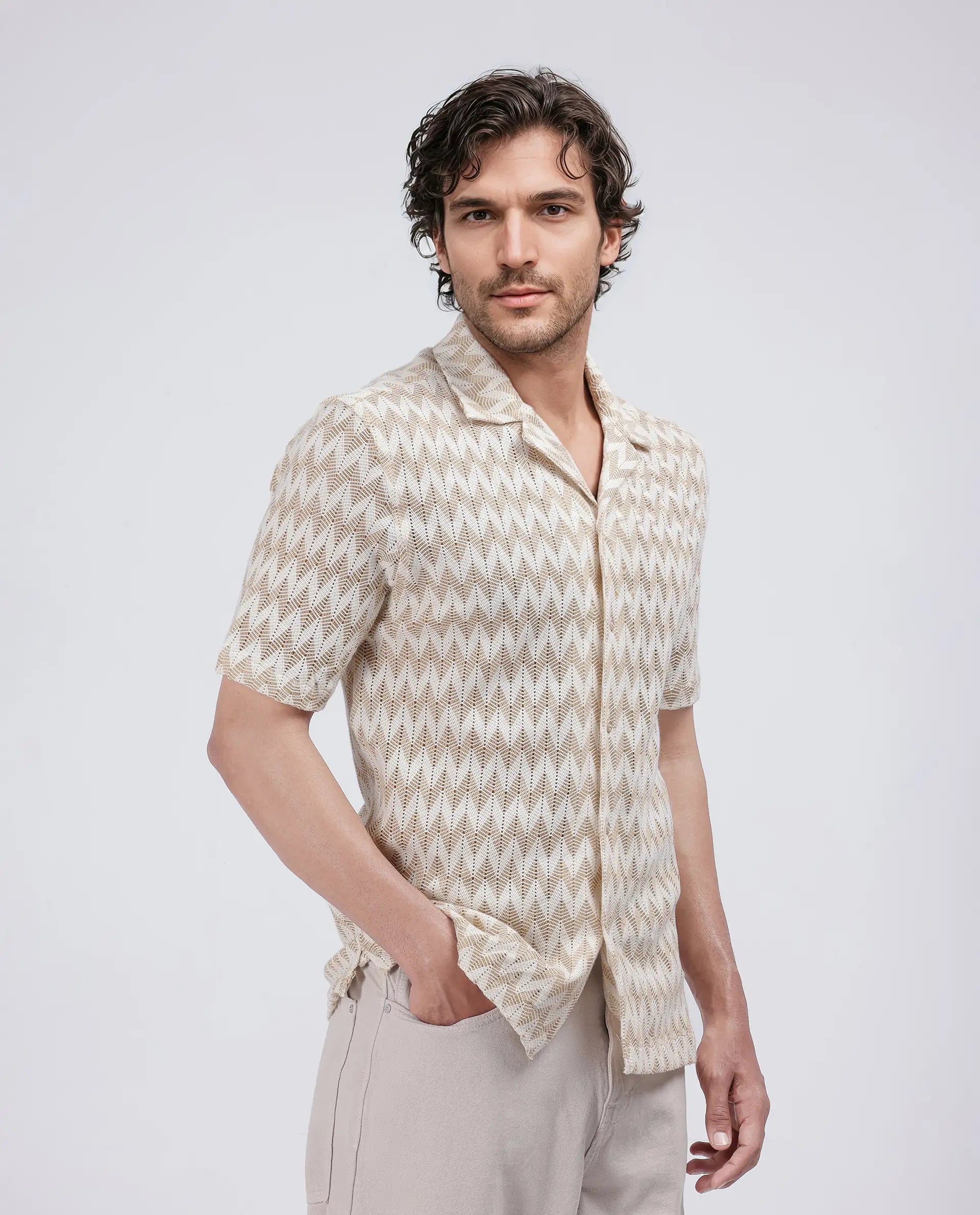 Rare Rabbit Men's Leos Beige Cotton Fabric Short Sleeve Cuban Collar Boxy Fit Crochet Shirt