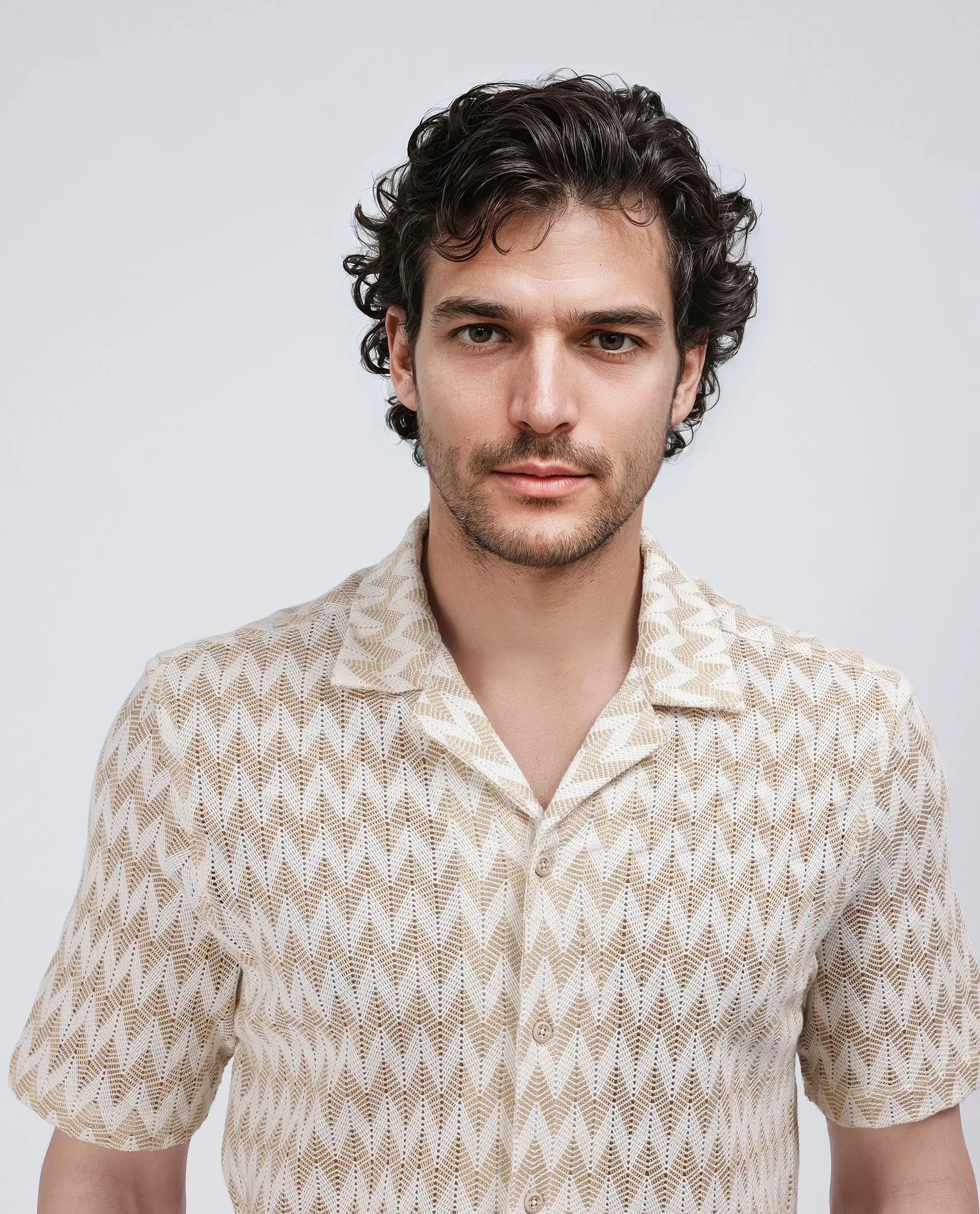 Rare Rabbit Men's Leos Beige Cotton Fabric Short Sleeve Cuban Collar Boxy Fit Crochet Shirt