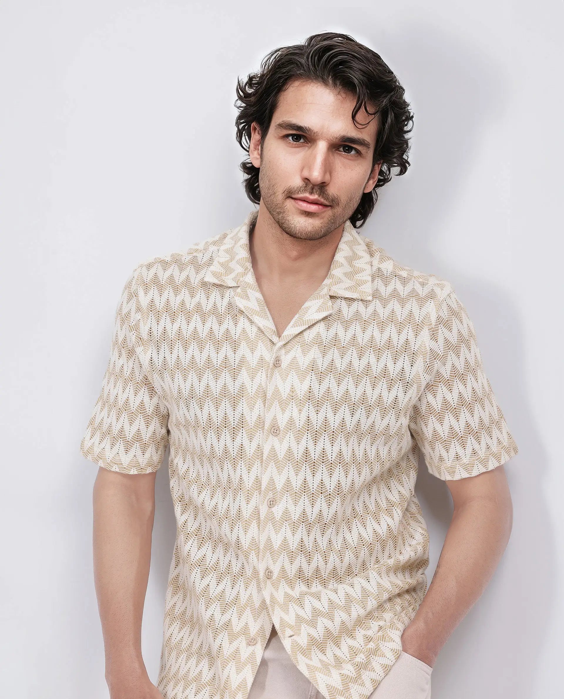 Rare Rabbit Men's Leos Beige Cotton Fabric Short Sleeve Cuban Collar Boxy Fit Crochet Shirt