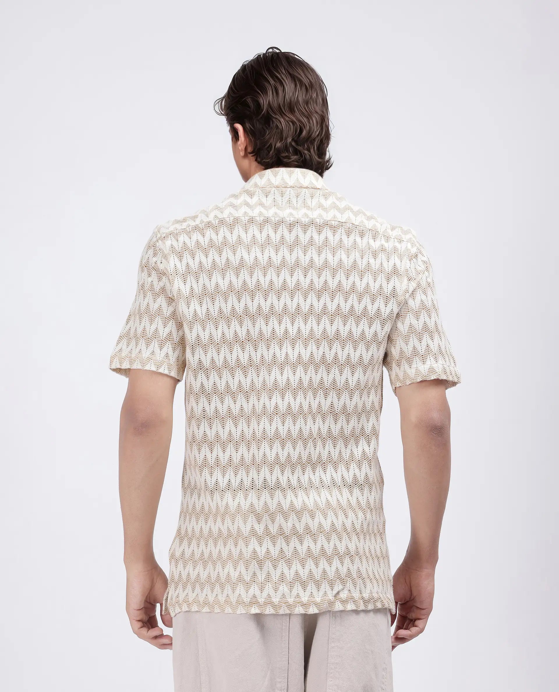 Rare Rabbit Men's Leos Beige Cotton Fabric Short Sleeve Cuban Collar Boxy Fit Crochet Shirt