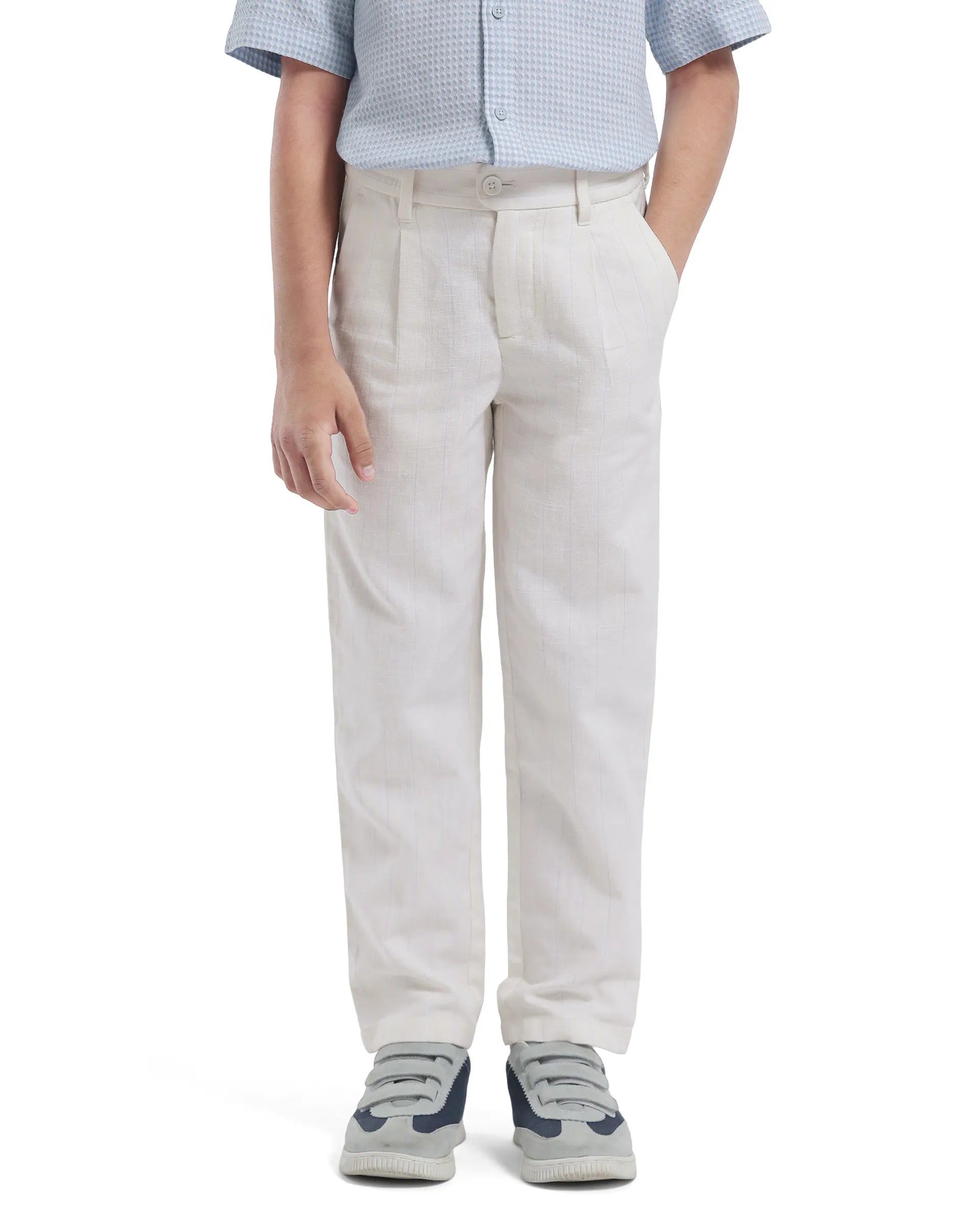 Rare Ones Kids Leo White Polyester Blend Polyester Blend Striped Button & Zip Closure Regular Fit Trouser