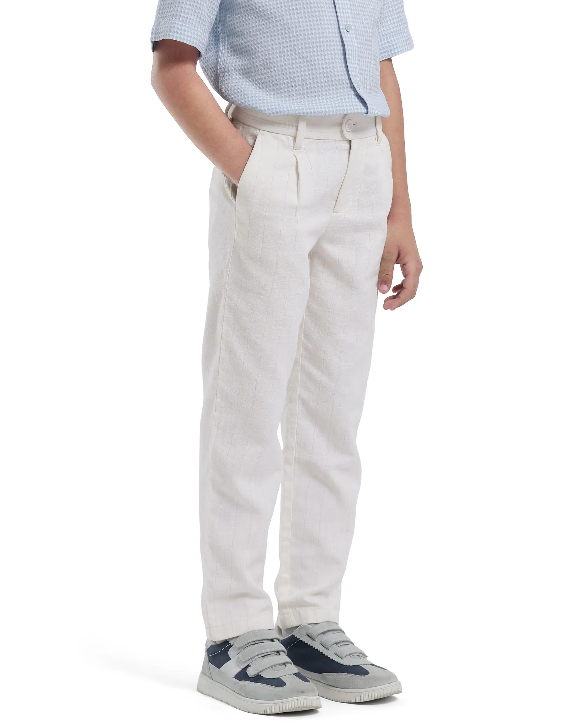 Rare Ones Kids Leo White Polyester Blend Polyester Blend Striped Button & Zip Closure Regular Fit Trouser