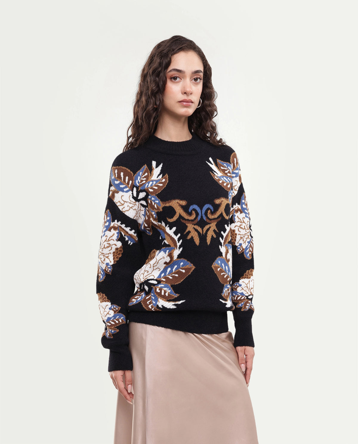 Rareism Women's Lepo Black Nylon Blend Pull-On Relaxed Fit Jacquard Sweater