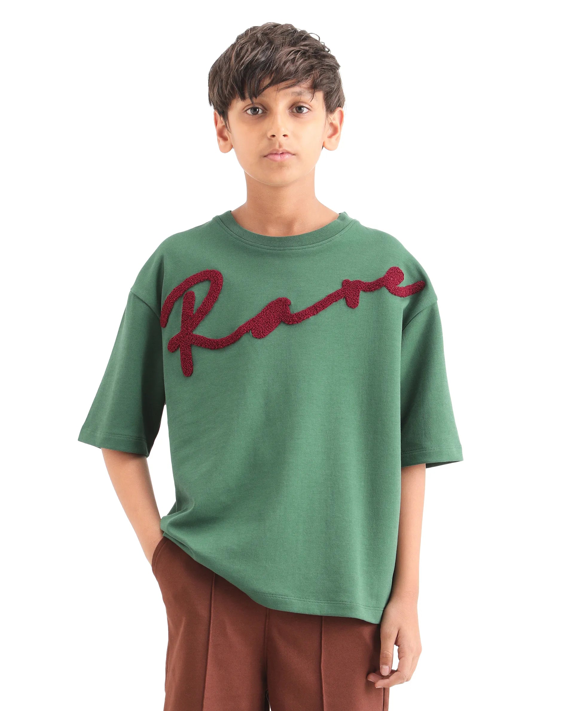 Rare Ones Kids Lerc-K Green Cotton Blend Fabric Pull-On Closure Terry Embroidery Oversized Fit T-Shirt