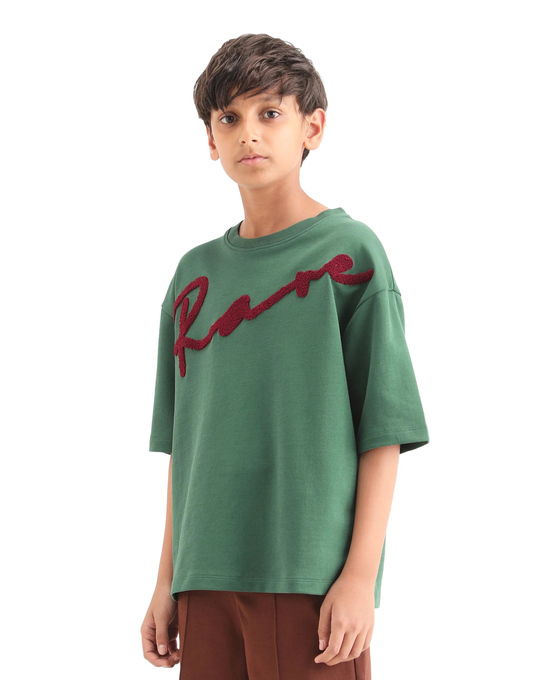 Rare Ones Kids Lerc-K Green Cotton Blend Fabric Pull-On Closure Terry Embroidery Oversized Fit T-Shirt