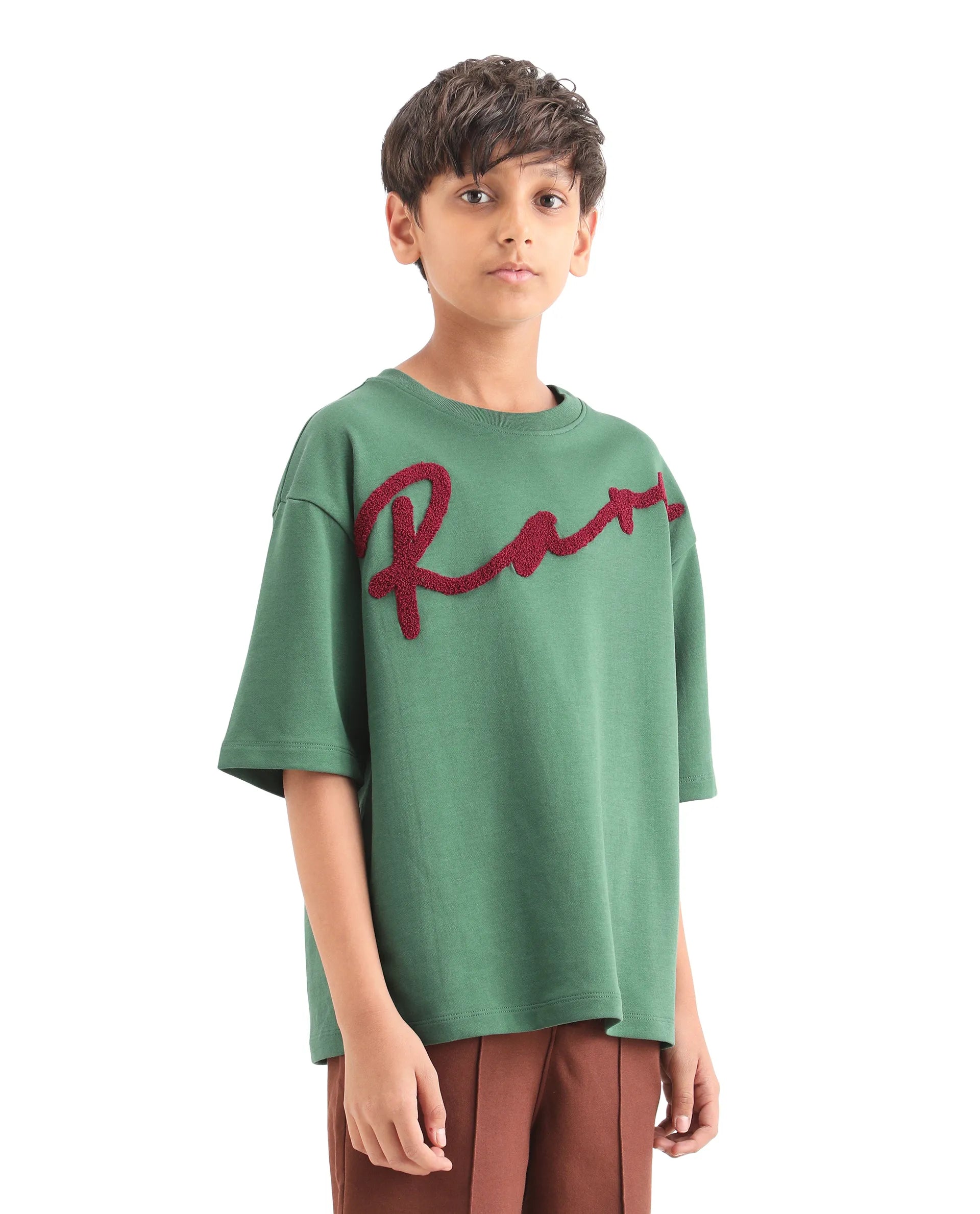 Rare Ones Kids Lerc-K Green Cotton Blend Fabric Pull-On Closure Terry Embroidery Oversized Fit T-Shirt
